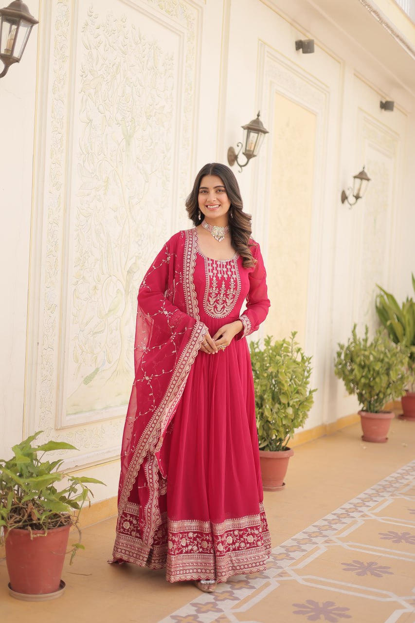 Embroidered Faux Blooming Gown with Dupatta
