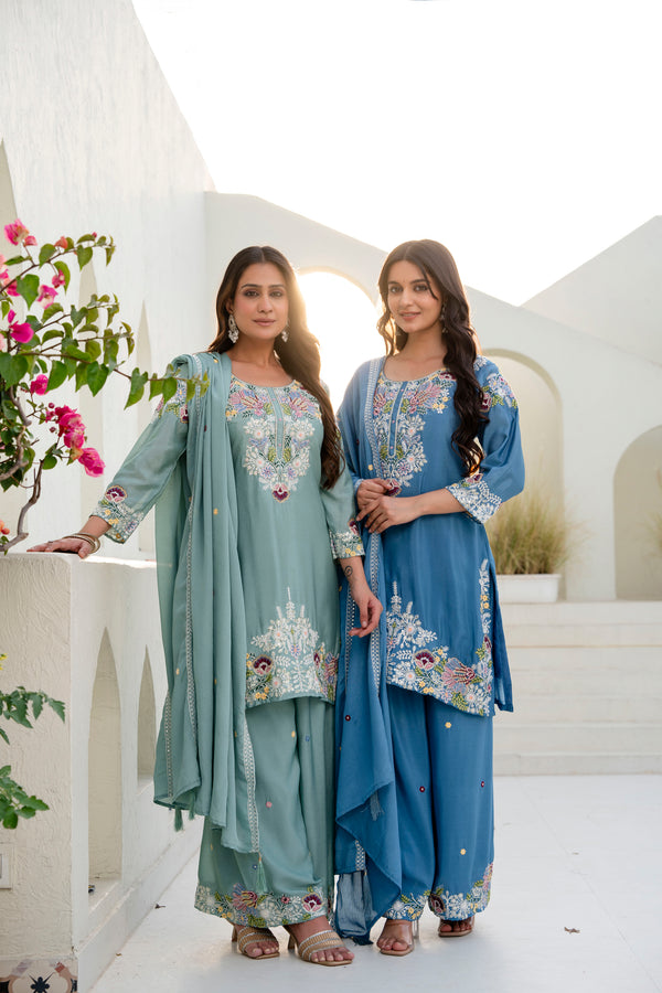 Embroidery and Zardosi Work Chinon Kurta with Palazzo