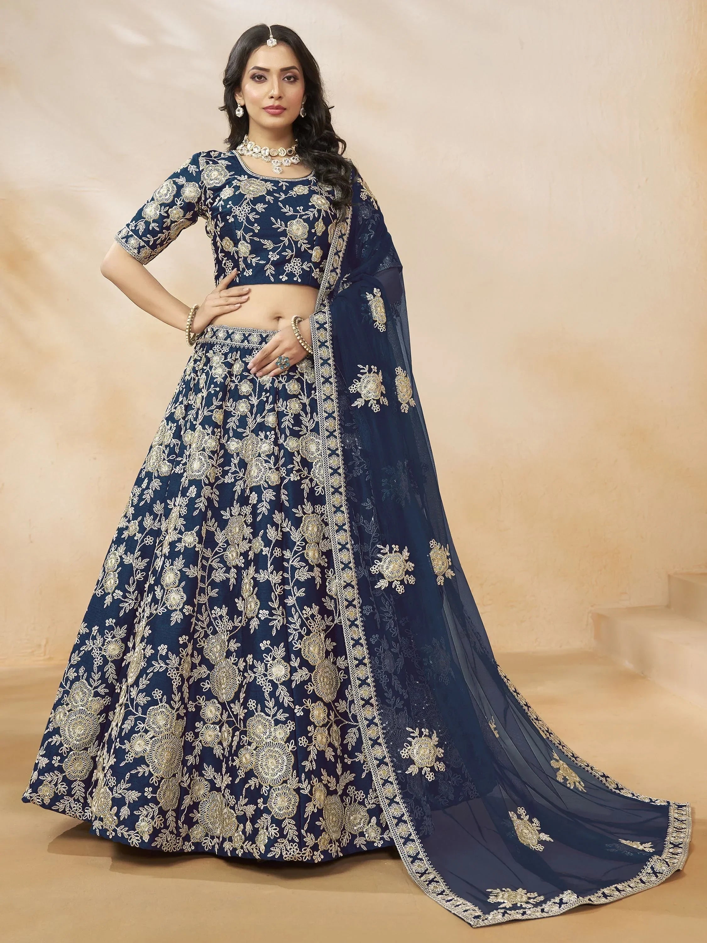 Enchanting Blue Color Embroidered Silk Event Wear Lehenga Choli