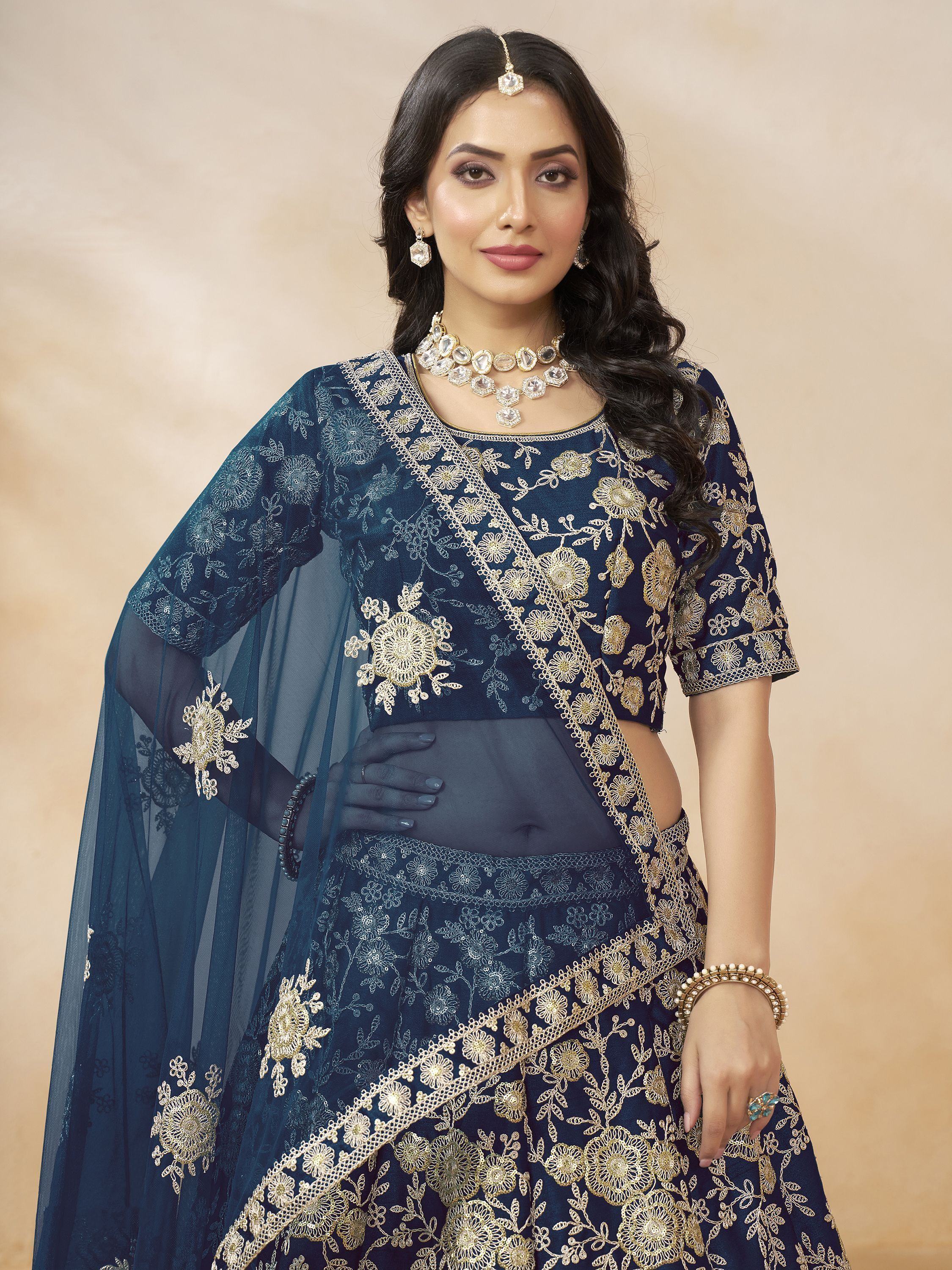 Enchanting Blue Color Embroidered Silk Event Wear Lehenga Choli
