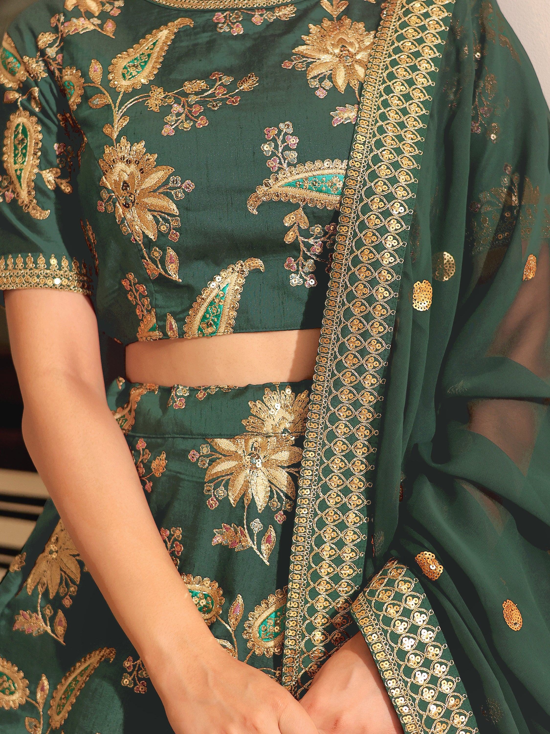Bottle Green Prodigious Thread Embroidery Art Silk Wedding Lehenga Choli