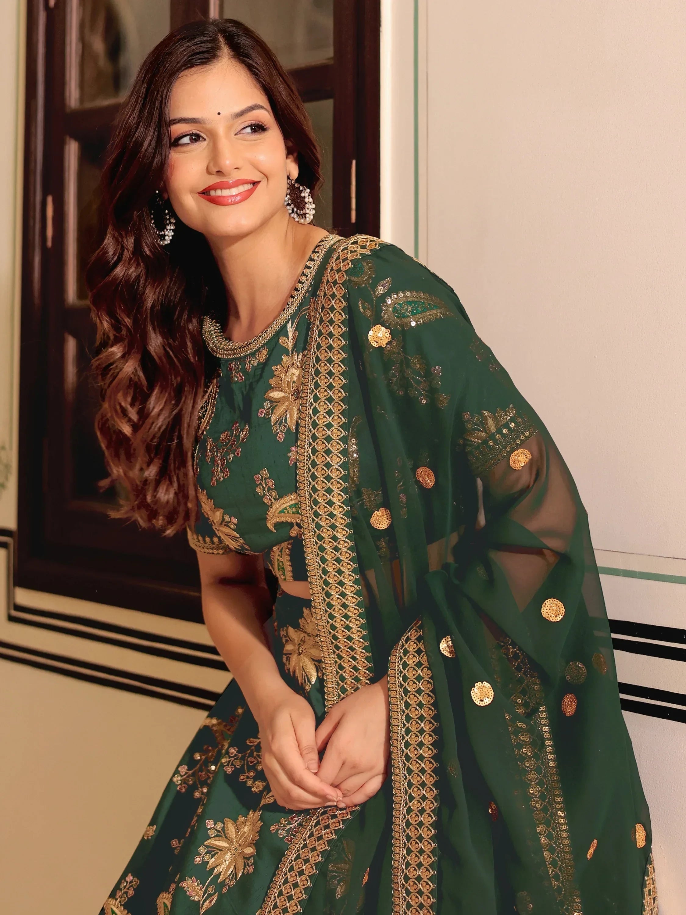 Bottle Green Prodigious Thread Embroidery Art Silk Wedding Lehenga Choli