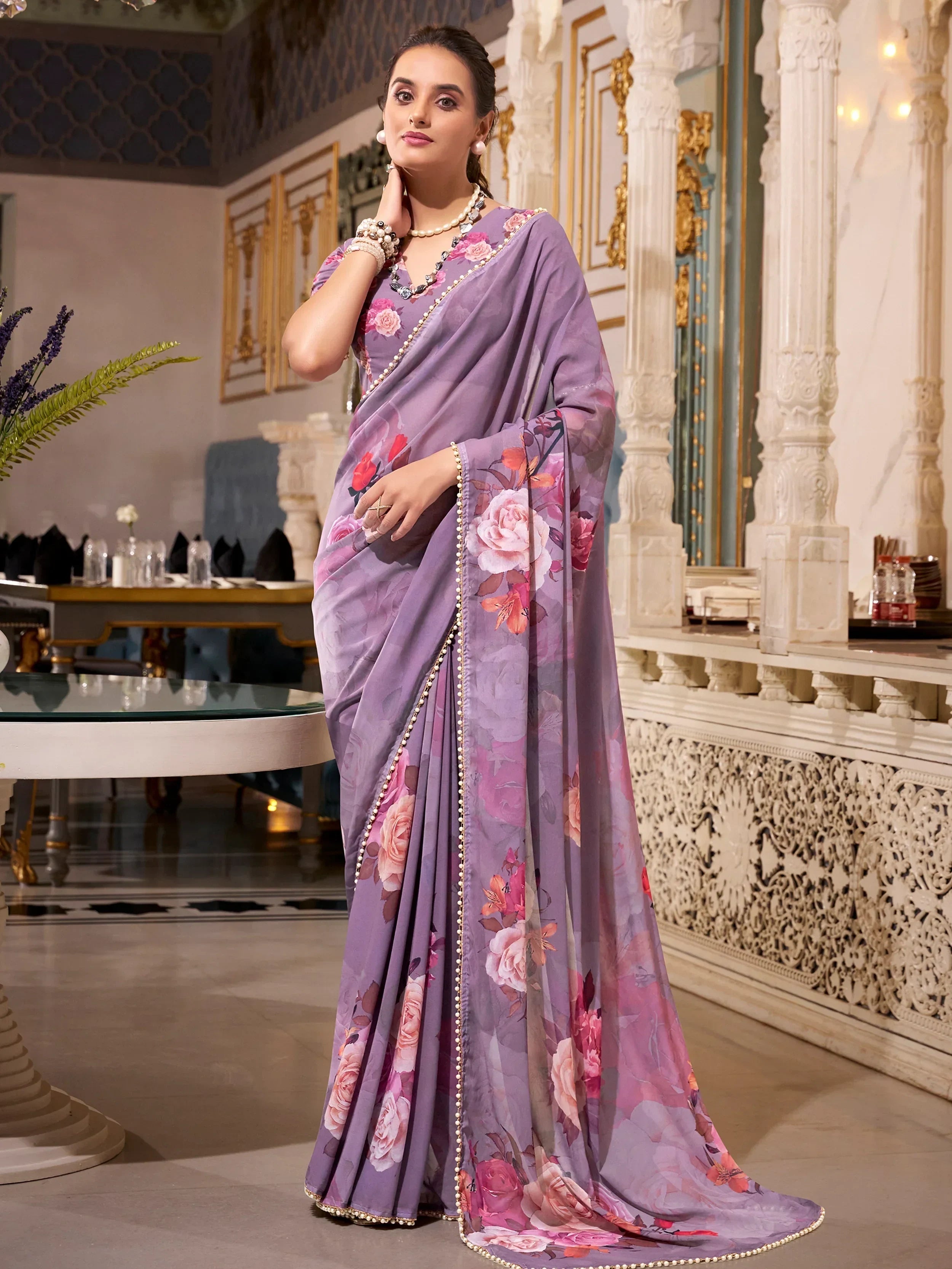 Grey Artistic Georgette Floral Printed Saree With Blouse