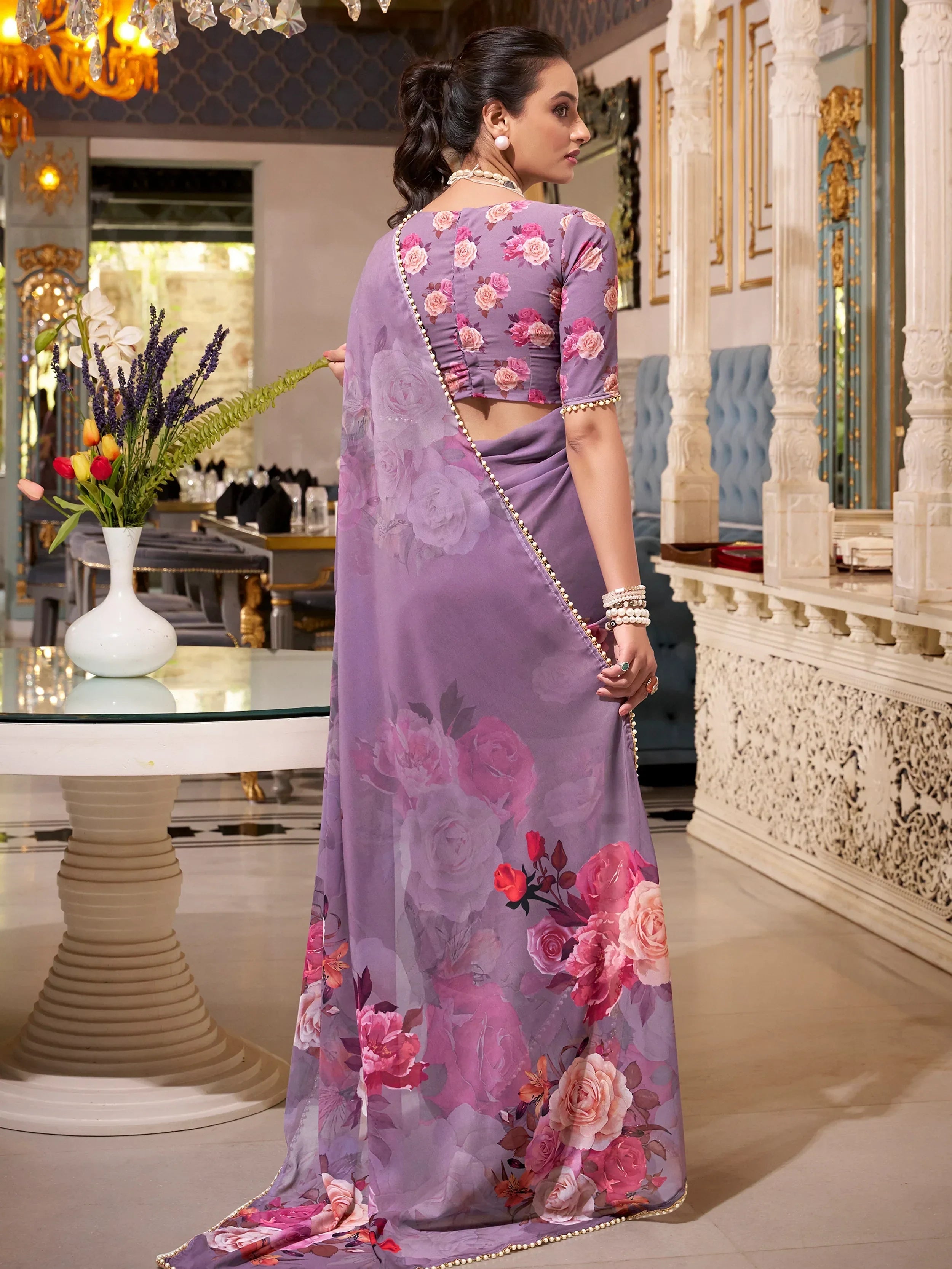 Grey Artistic Georgette Floral Printed Saree With Blouse