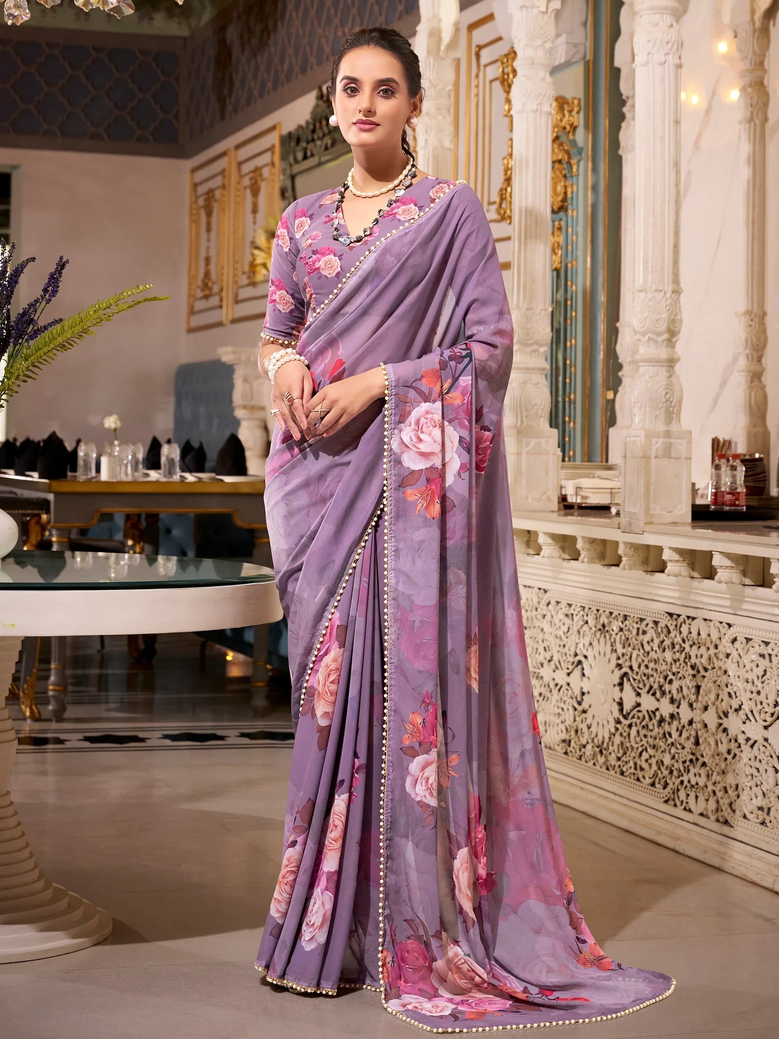 Grey Artistic Georgette Floral Printed Saree With Blouse