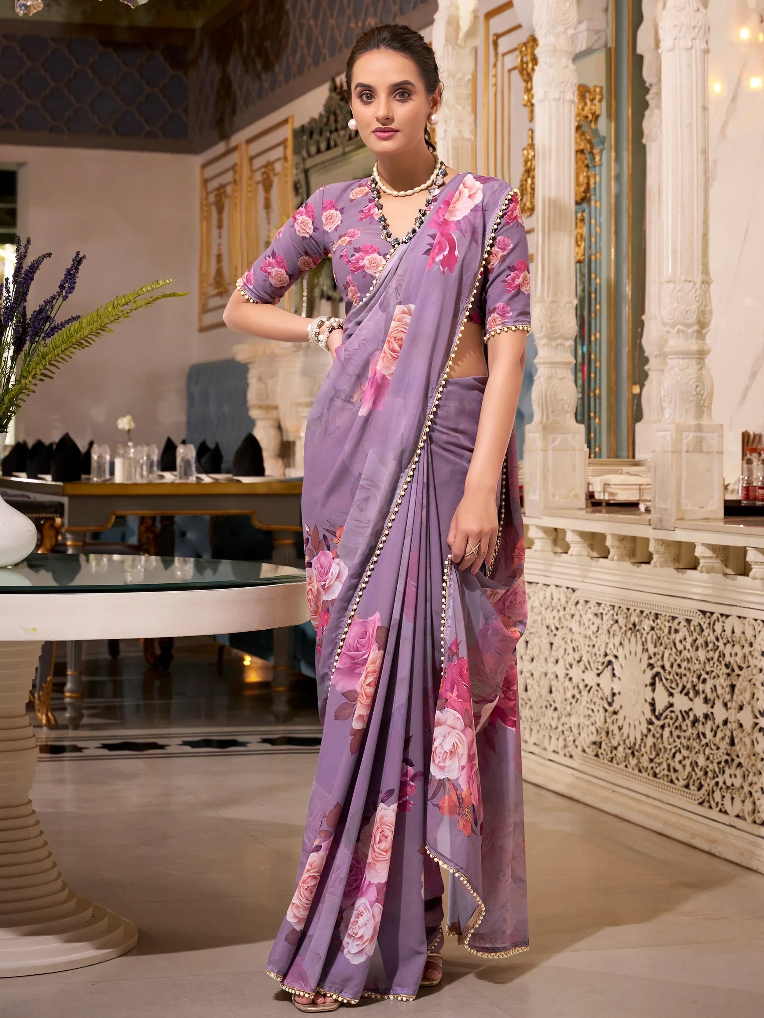 Grey Artistic Georgette Floral Printed Saree With Blouse