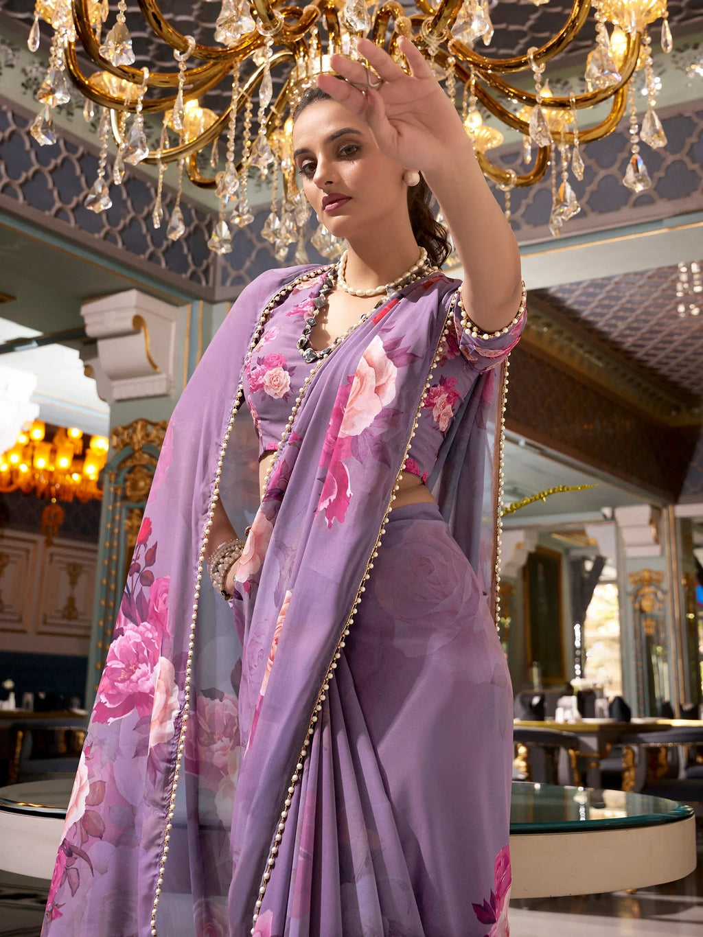Grey Artistic Georgette Floral Printed Saree With Blouse