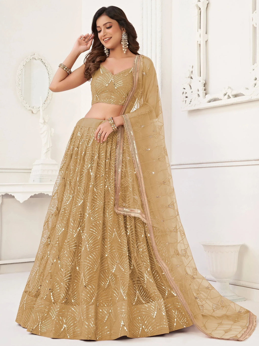 Brown Beautiful Sequins Net Reception Wear Lehenga Choli With Dupatta