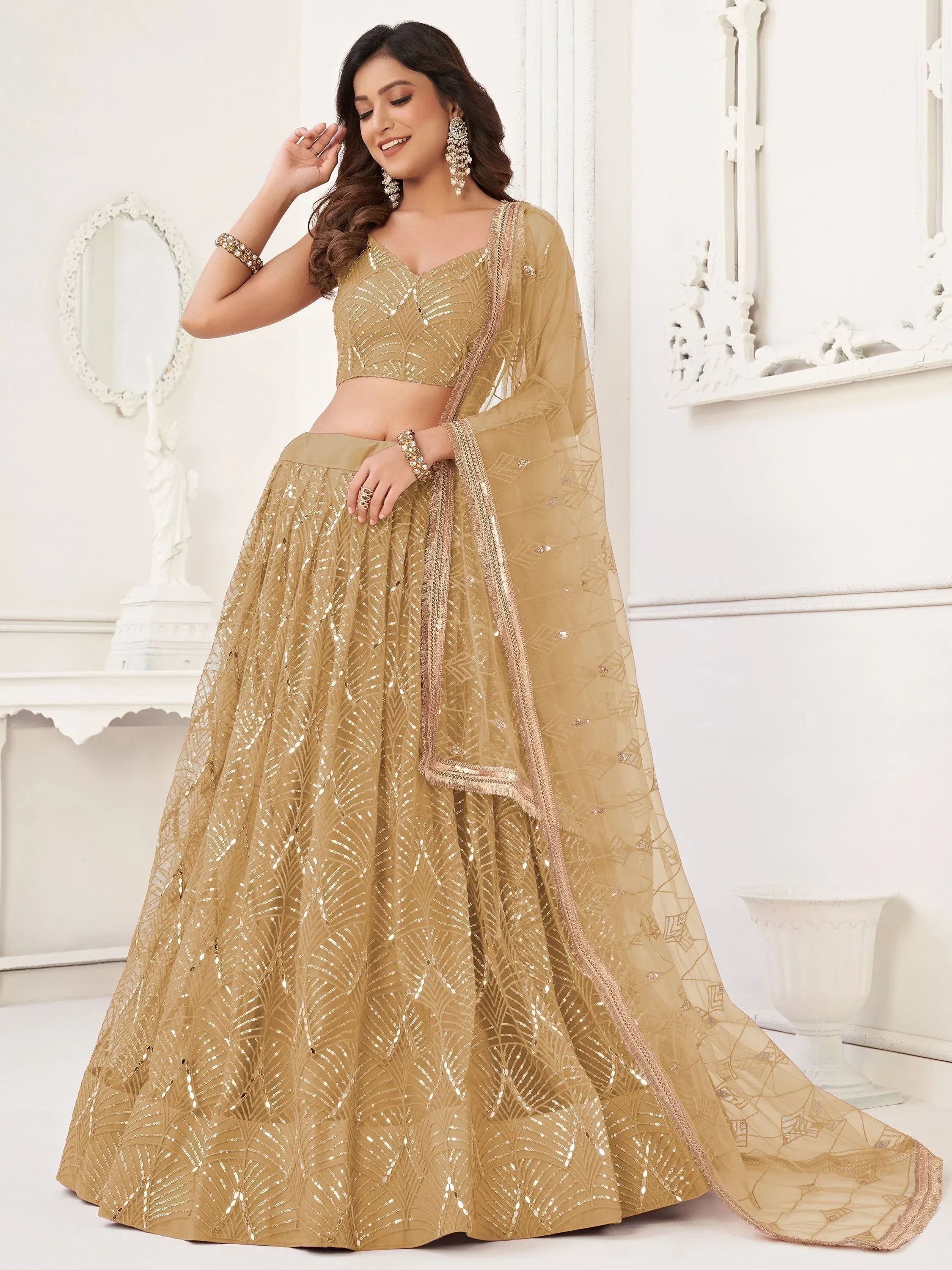 Brown Beautiful Sequins Net Reception Wear Lehenga Choli With Dupatta