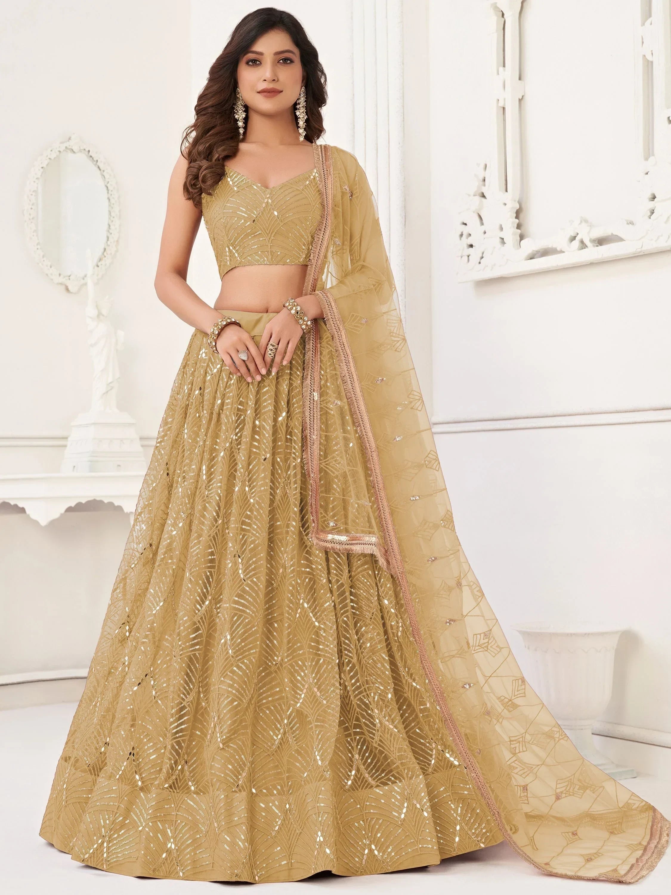 Brown Beautiful Sequins Net Reception Wear Lehenga Choli With Dupatta