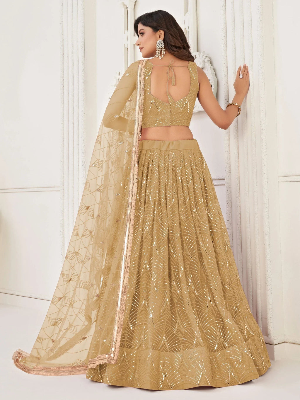 Brown Beautiful Sequins Net Reception Wear Lehenga Choli With Dupatta