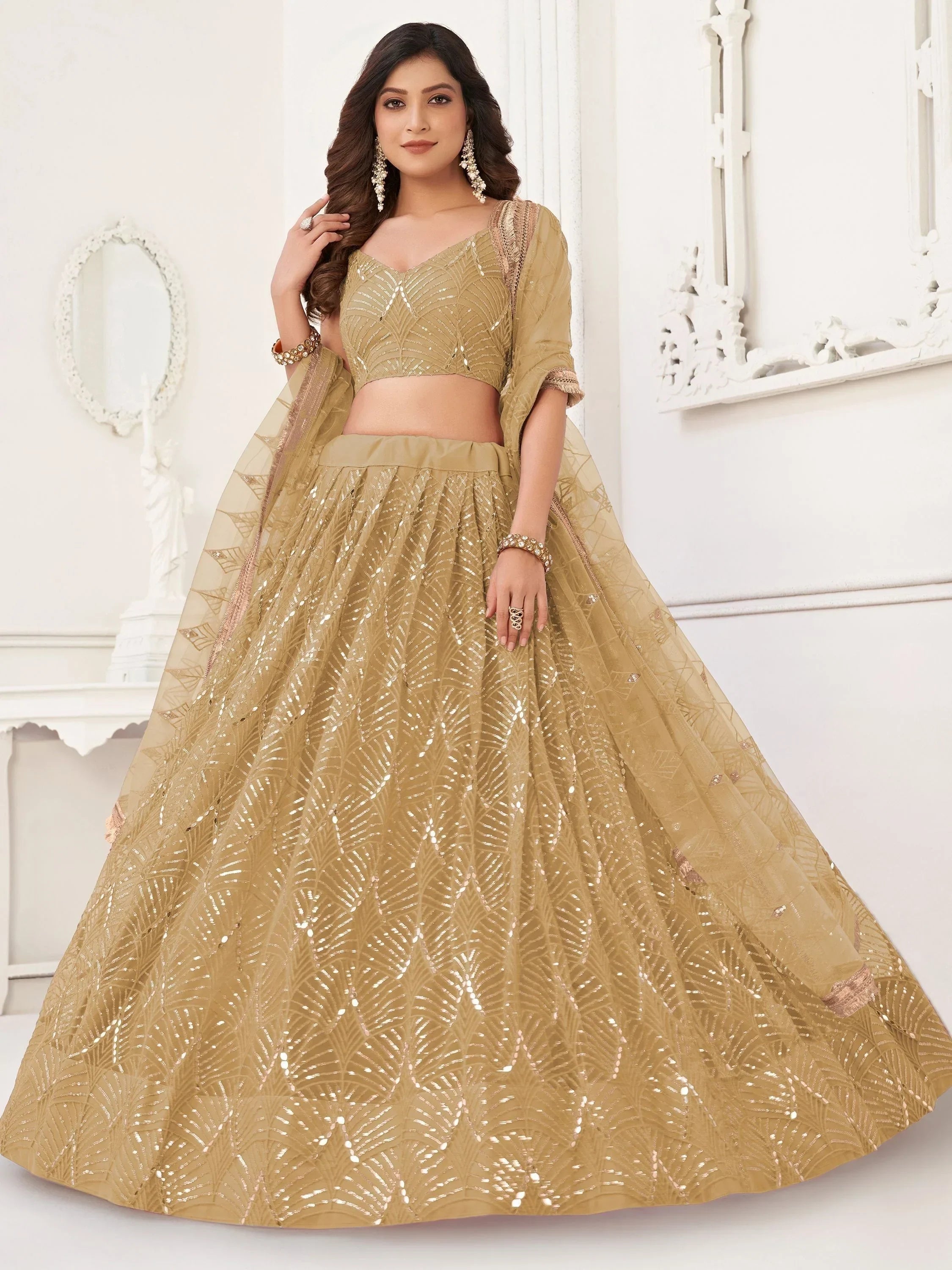 Brown Beautiful Sequins Net Reception Wear Lehenga Choli With Dupatta