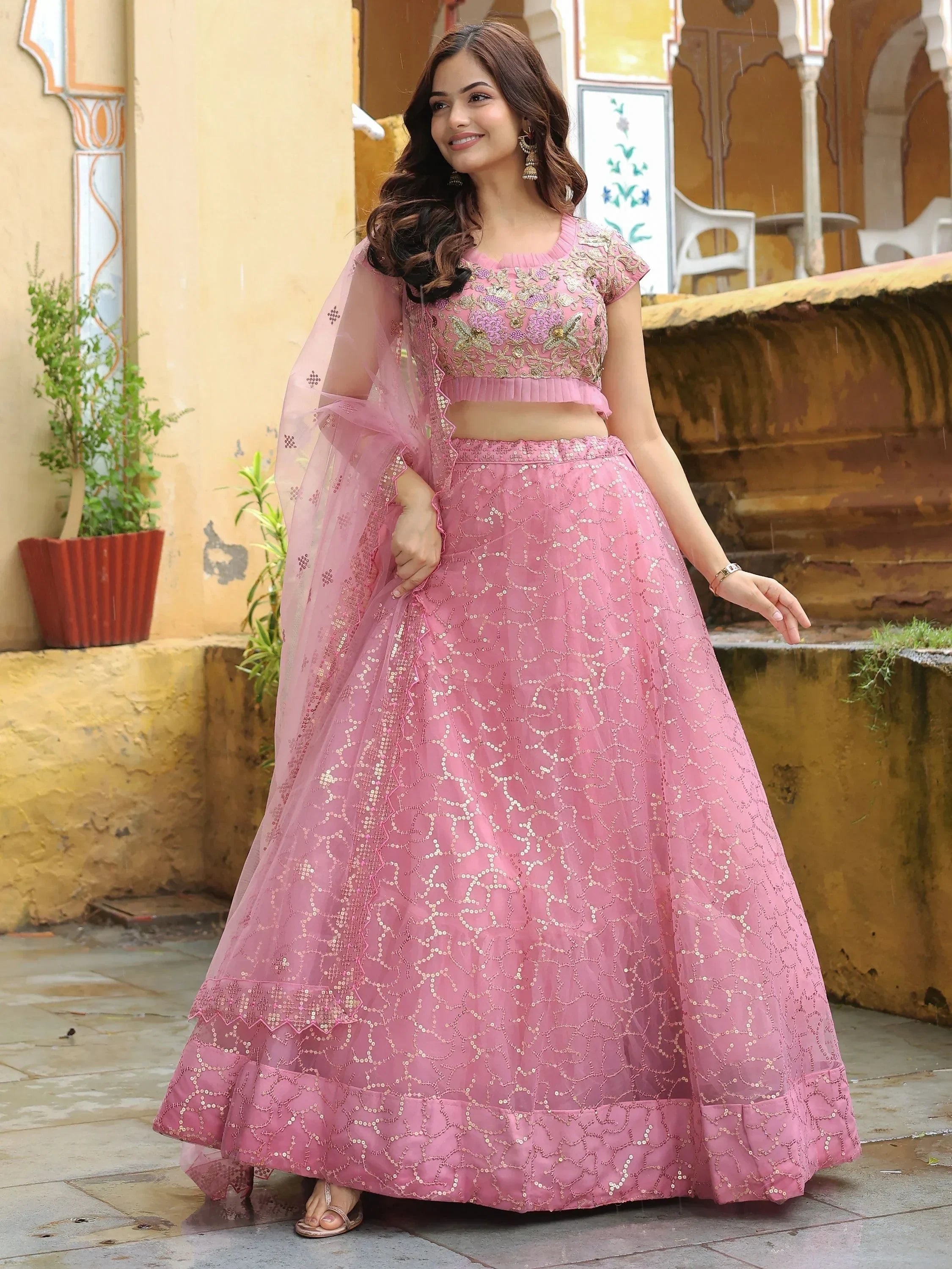 Pink Dori Thread Embroidered Net Wedding Lehenga Choli