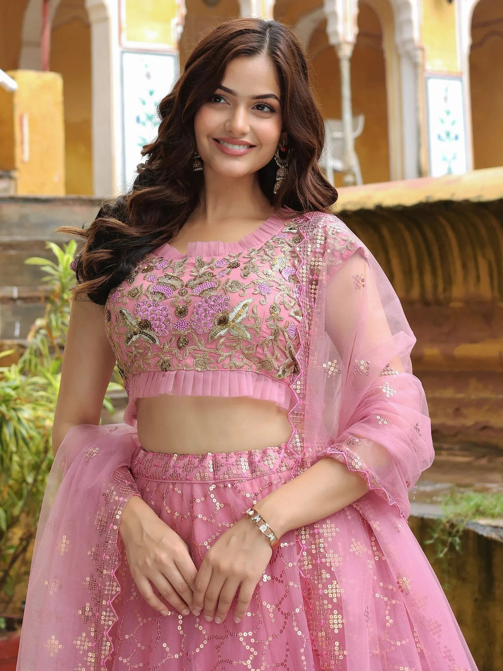 Pink Dori Thread Embroidered Net Wedding Lehenga Choli