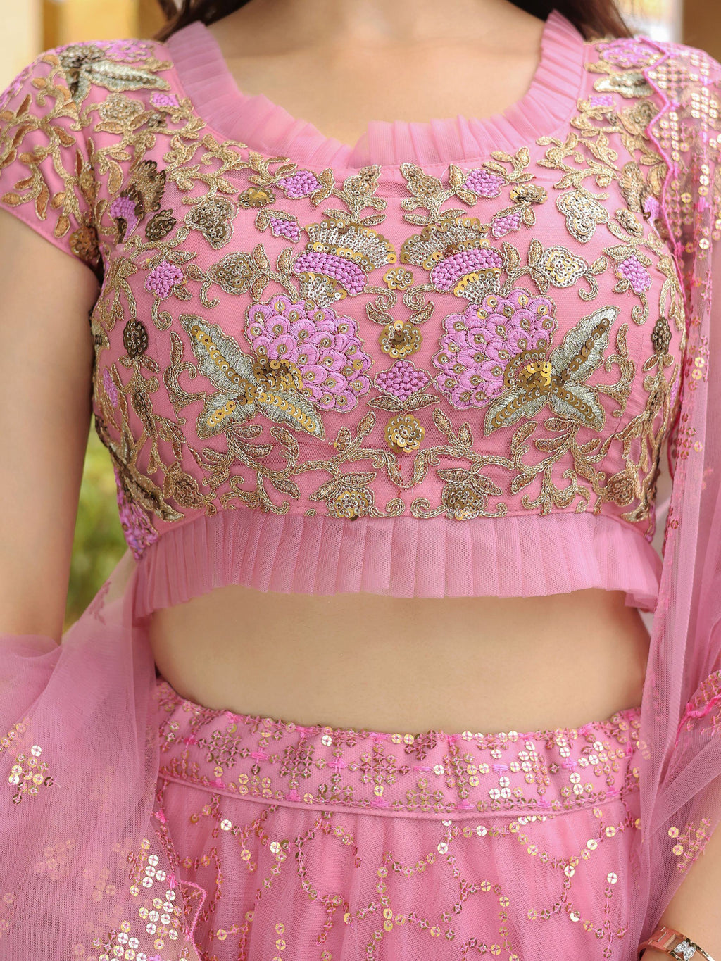 Pink Dori Thread Embroidered Net Wedding Lehenga Choli