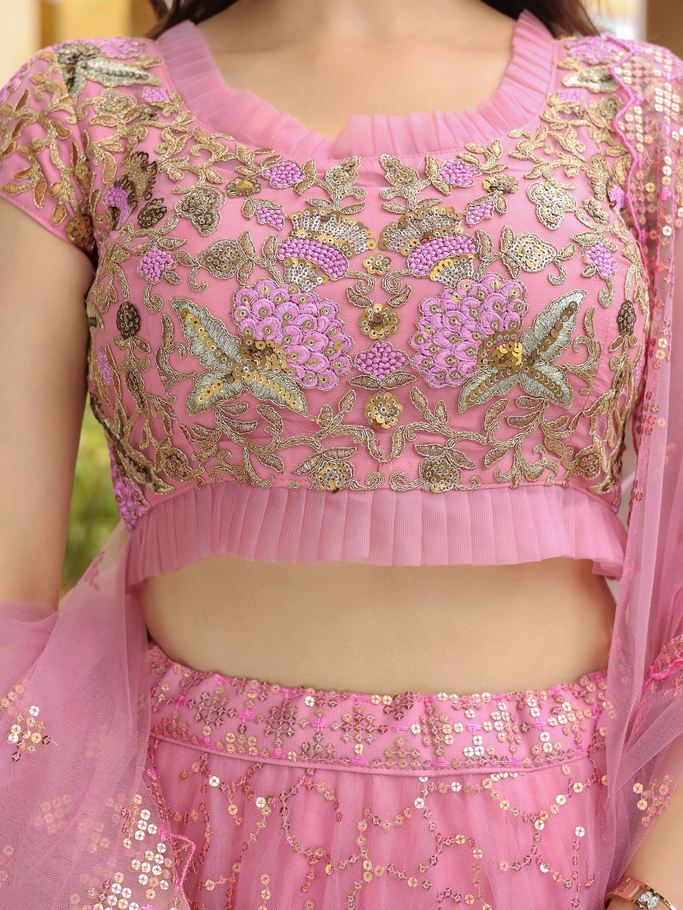 Pink Dori Thread Embroidered Net Wedding Lehenga Choli