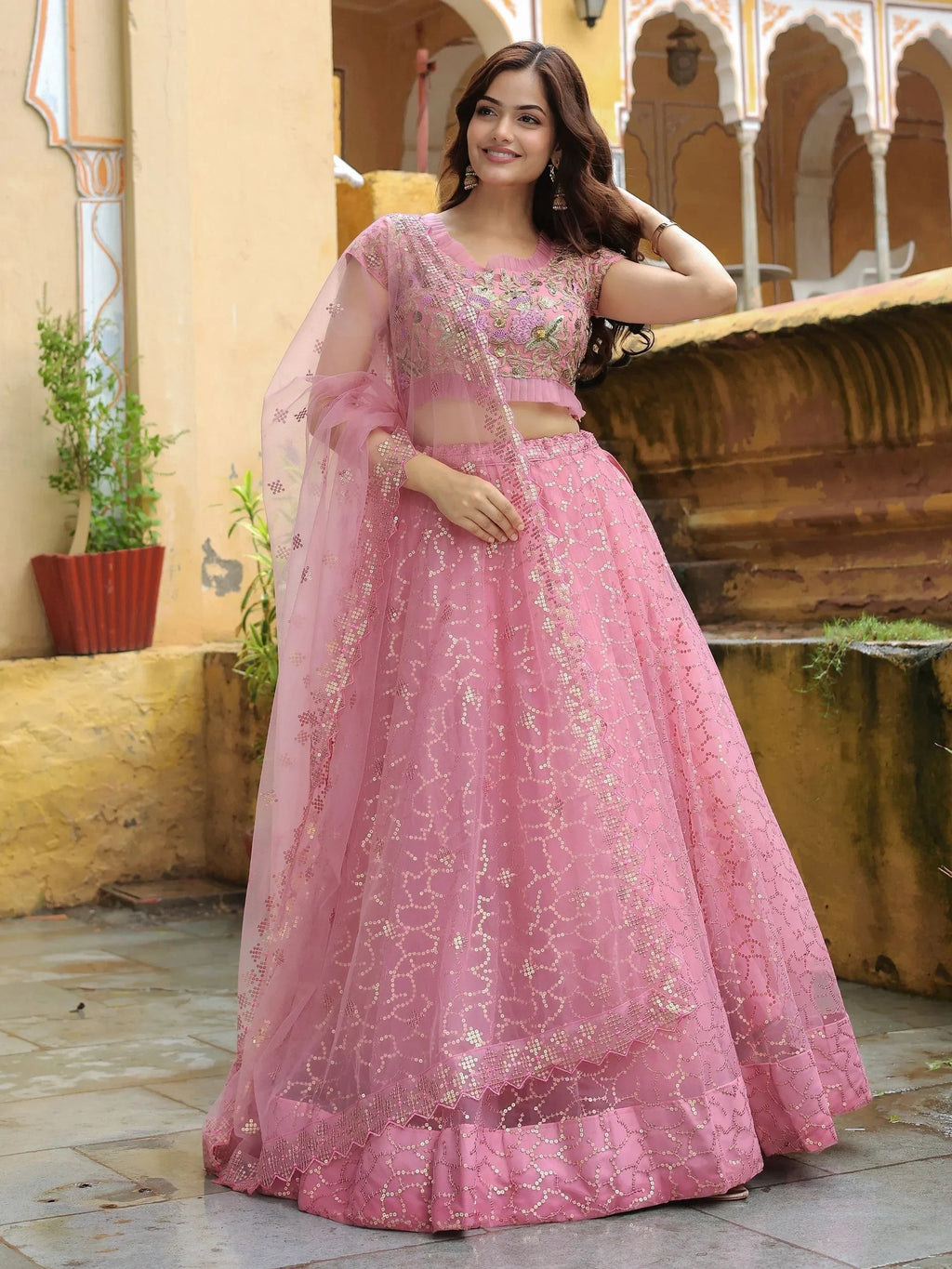 Pink Dori Thread Embroidered Net Wedding Lehenga Choli