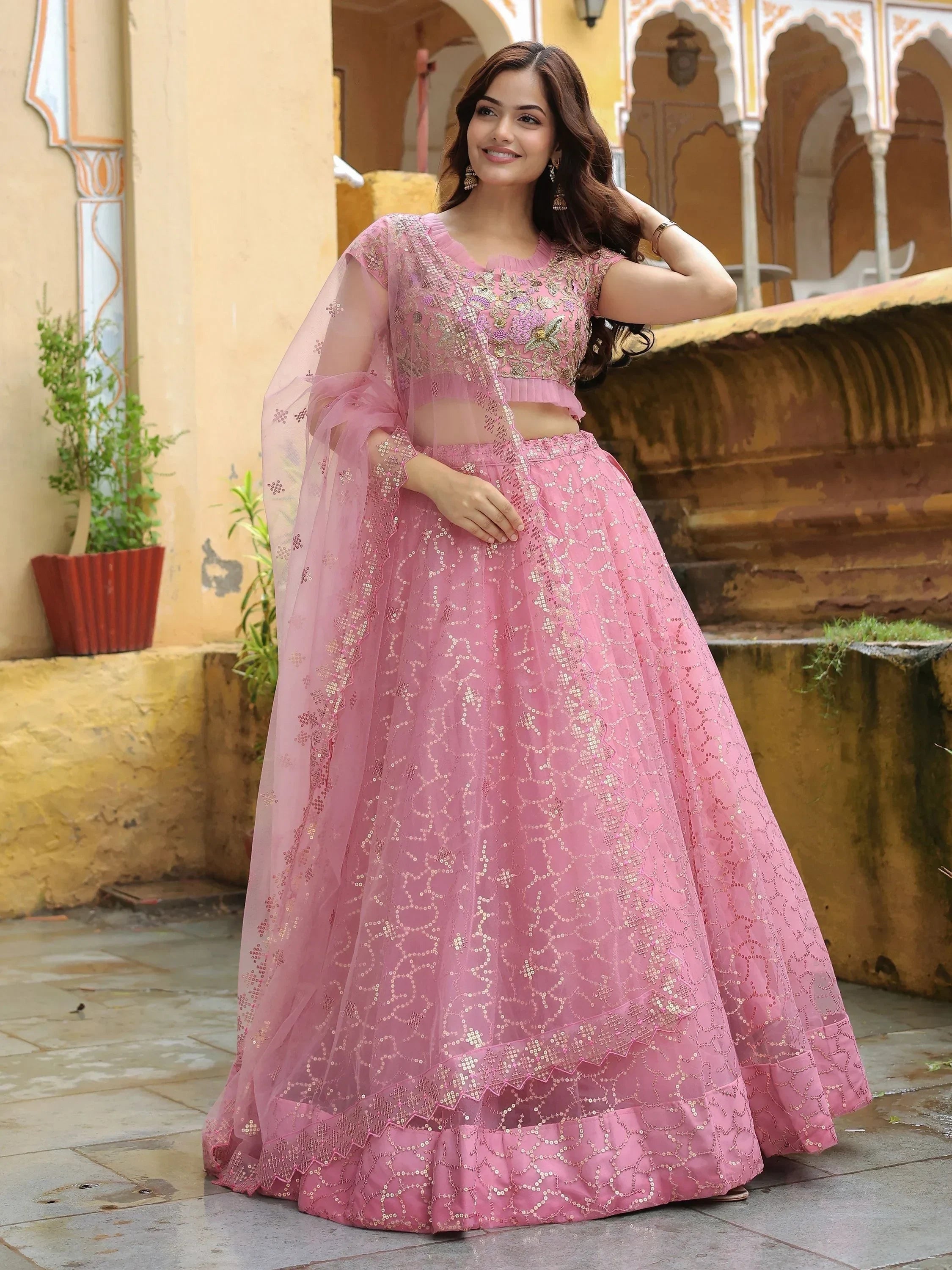 Pink Dori Thread Embroidered Net Wedding Lehenga Choli