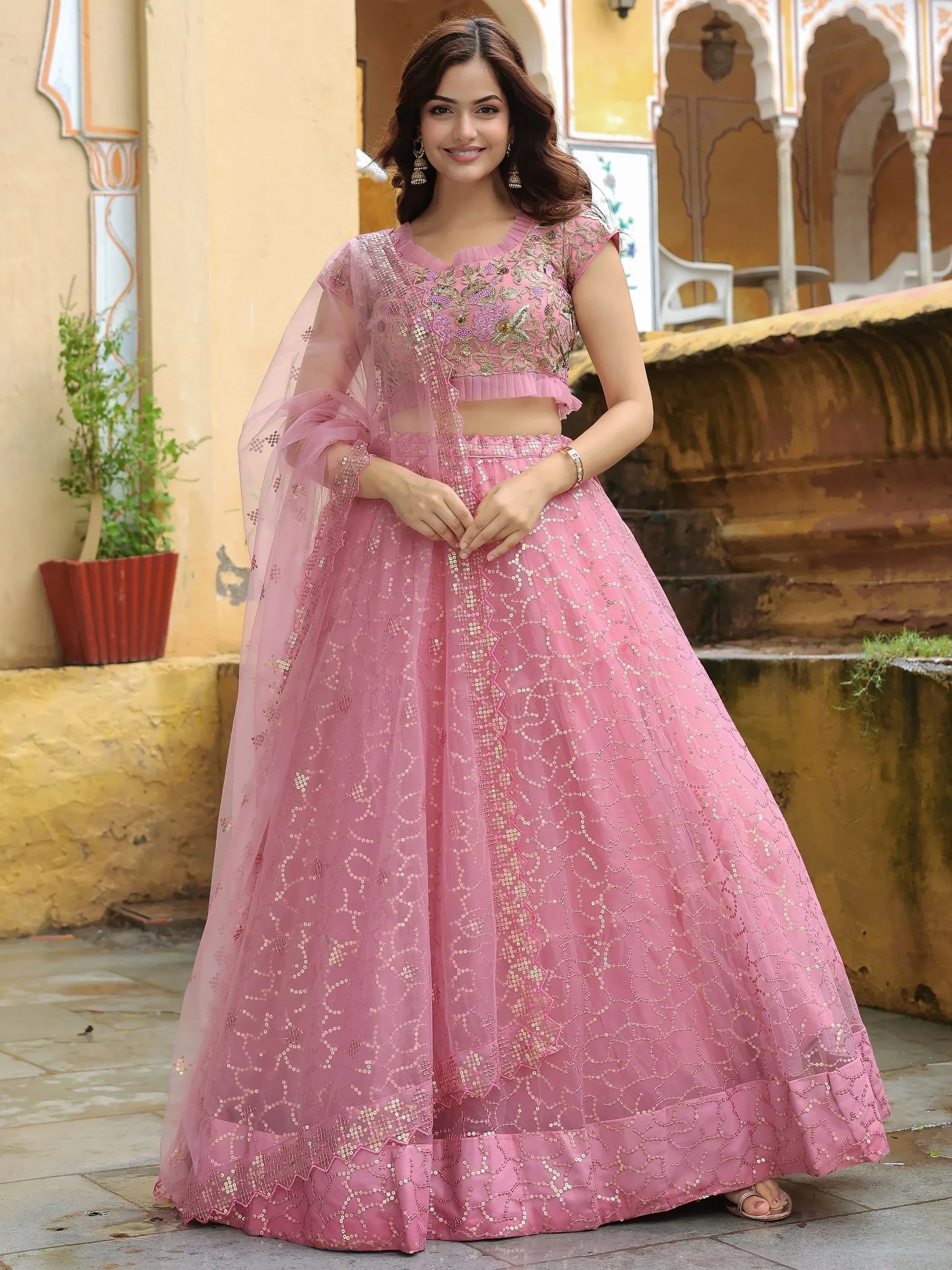 Pink Dori Thread Embroidered Net Wedding Lehenga Choli