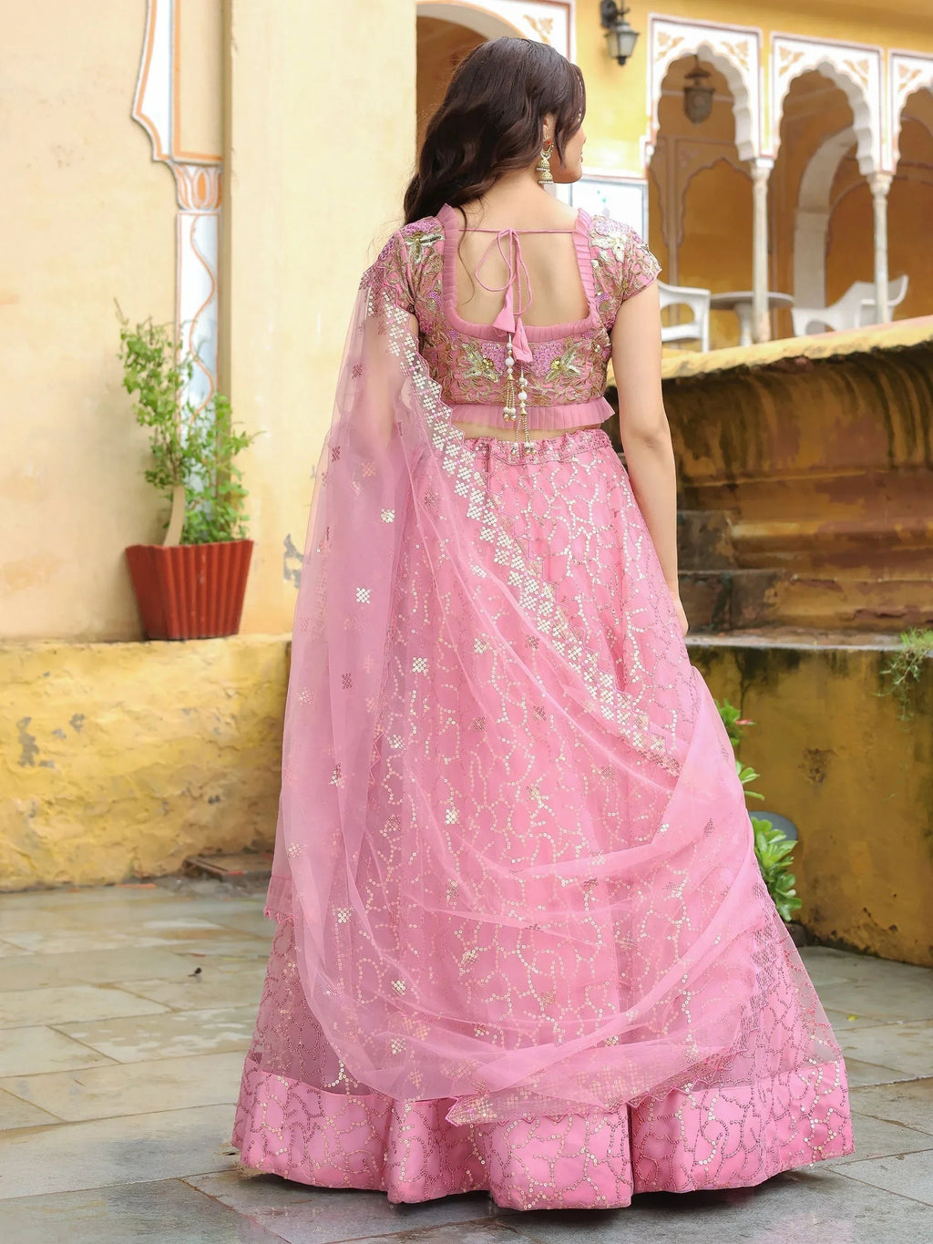 Pink Dori Thread Embroidered Net Wedding Lehenga Choli