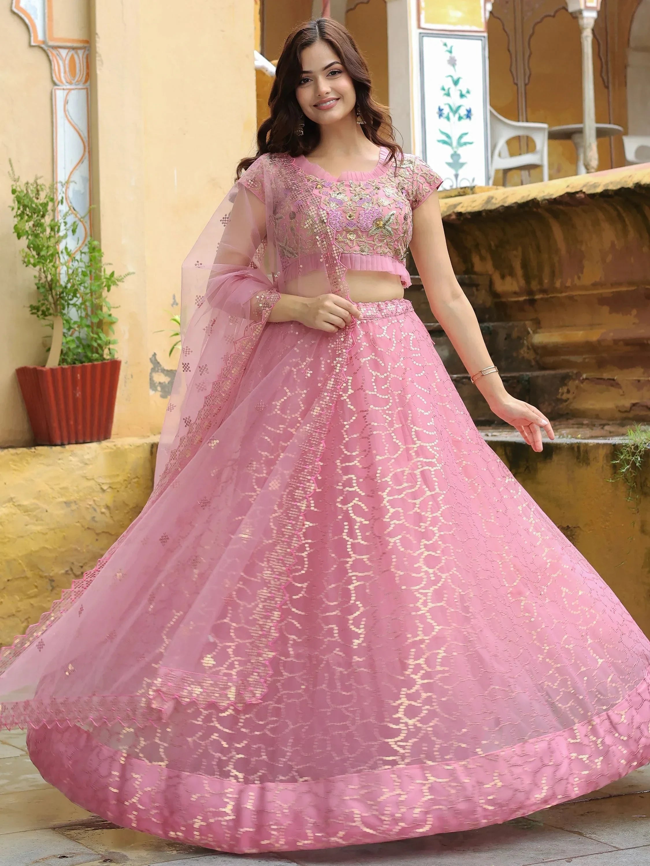 Pink Dori Thread Embroidered Net Wedding Lehenga Choli
