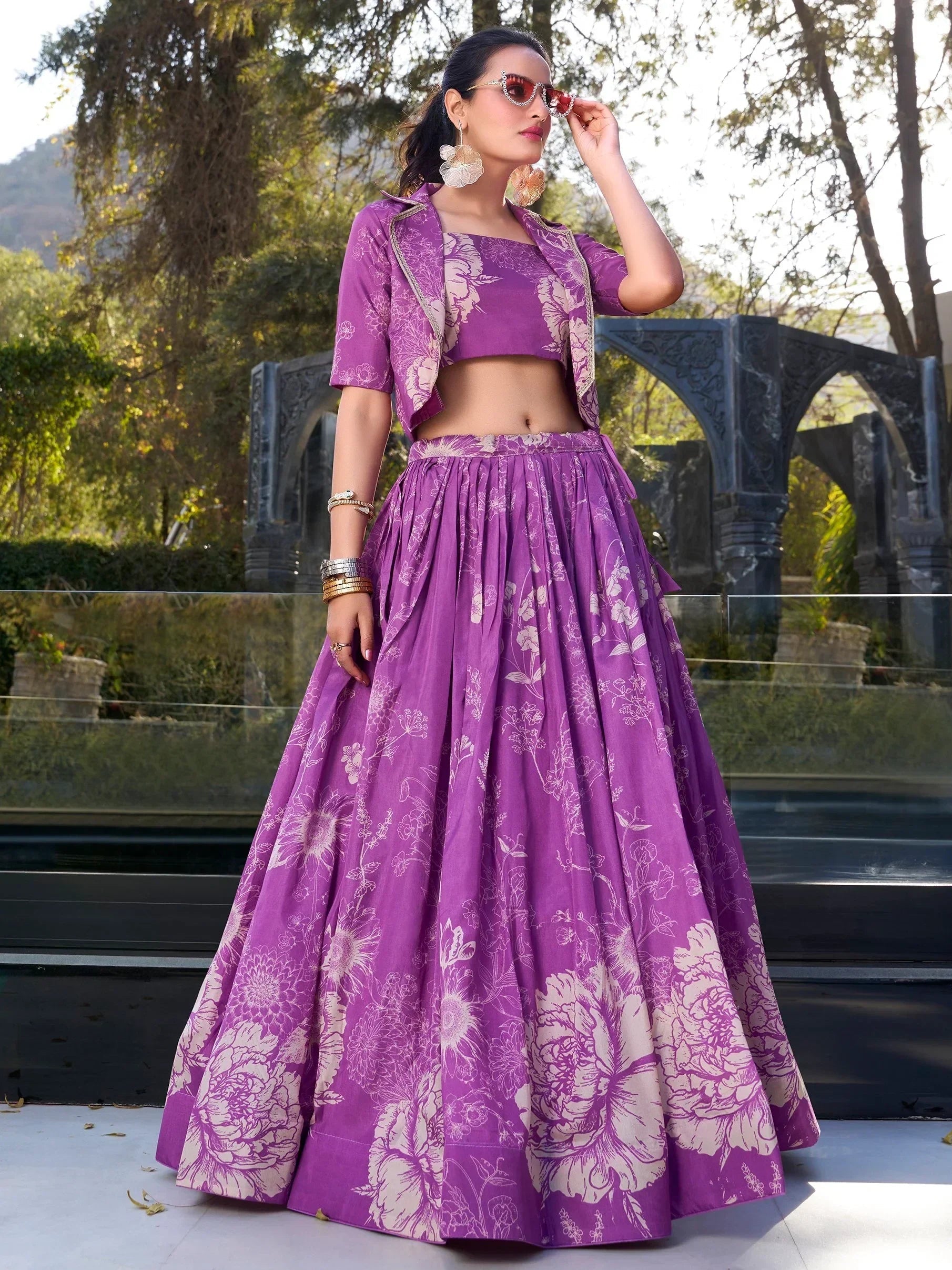 Purple Awesome Bottle Floral Print Tussar Silk Crop Top Lehenga With Jacket