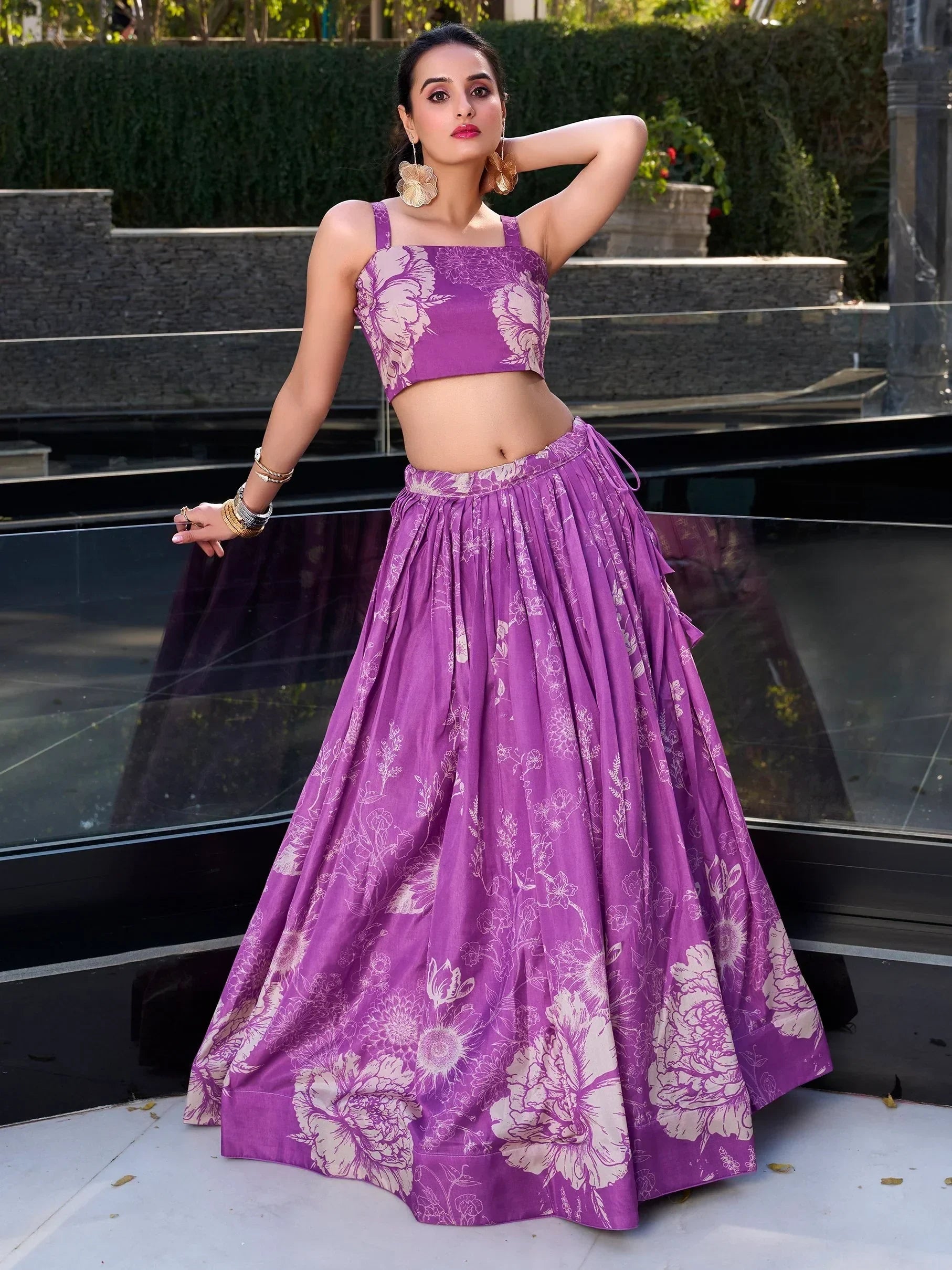 Purple Awesome Bottle Floral Print Tussar Silk Crop Top Lehenga With Jacket