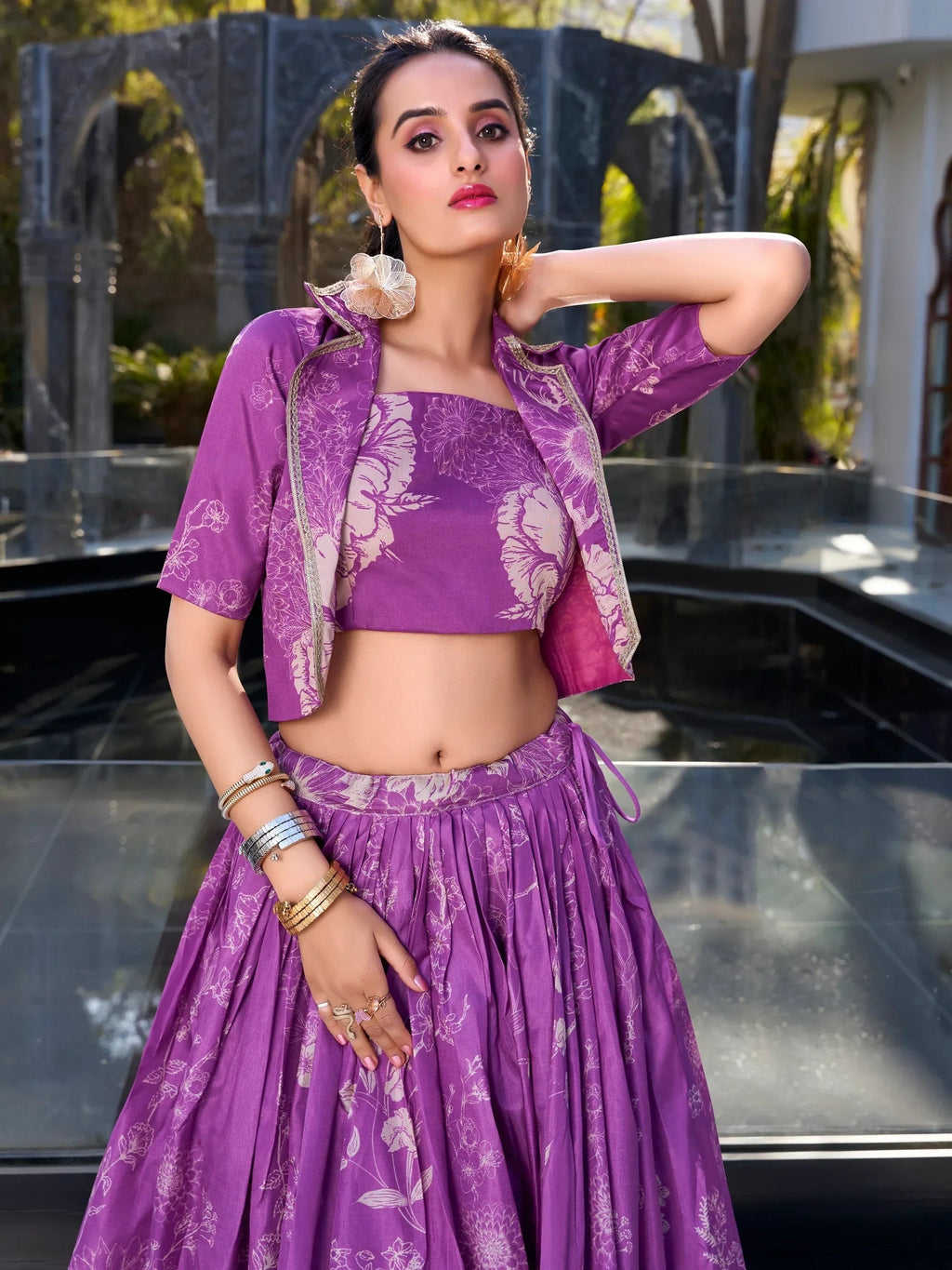Purple Awesome Bottle Floral Print Tussar Silk Crop Top Lehenga With Jacket