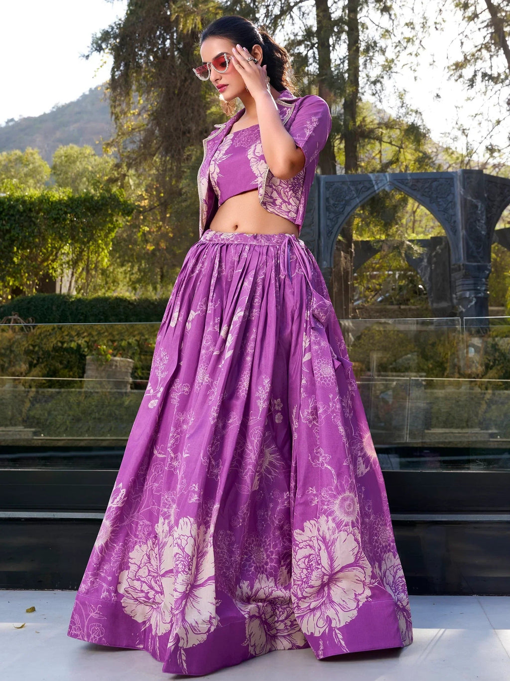 Purple Awesome Bottle Floral Print Tussar Silk Crop Top Lehenga With Jacket