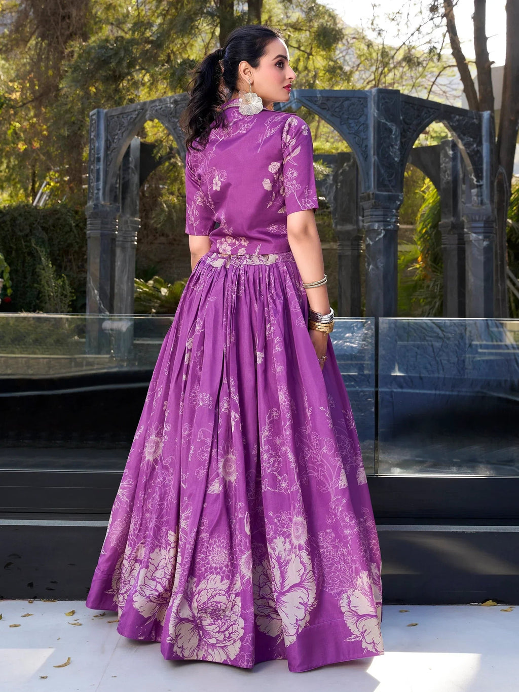 Purple Awesome Bottle Floral Print Tussar Silk Crop Top Lehenga With Jacket