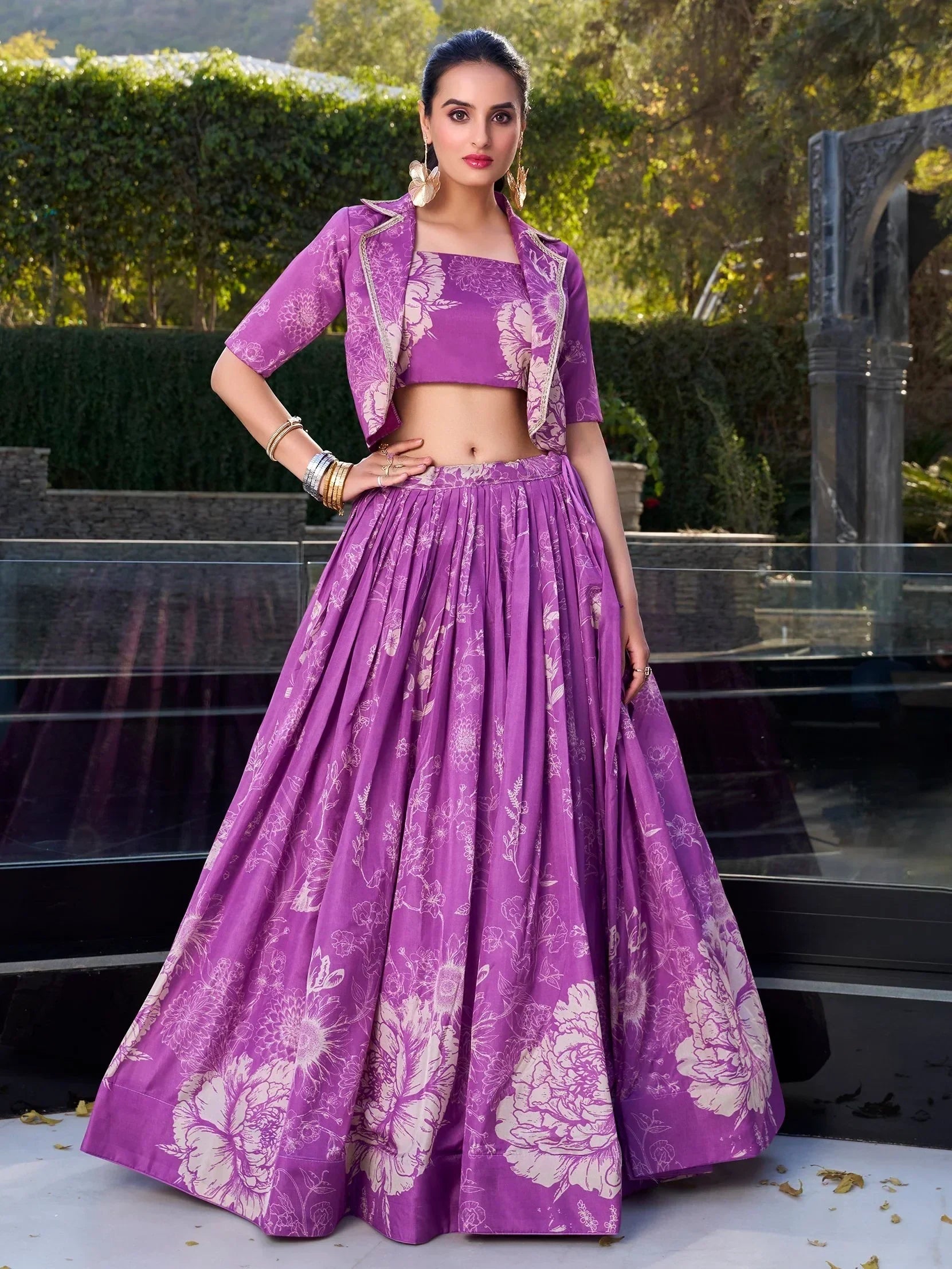 Purple Awesome Bottle Floral Print Tussar Silk Crop Top Lehenga With Jacket