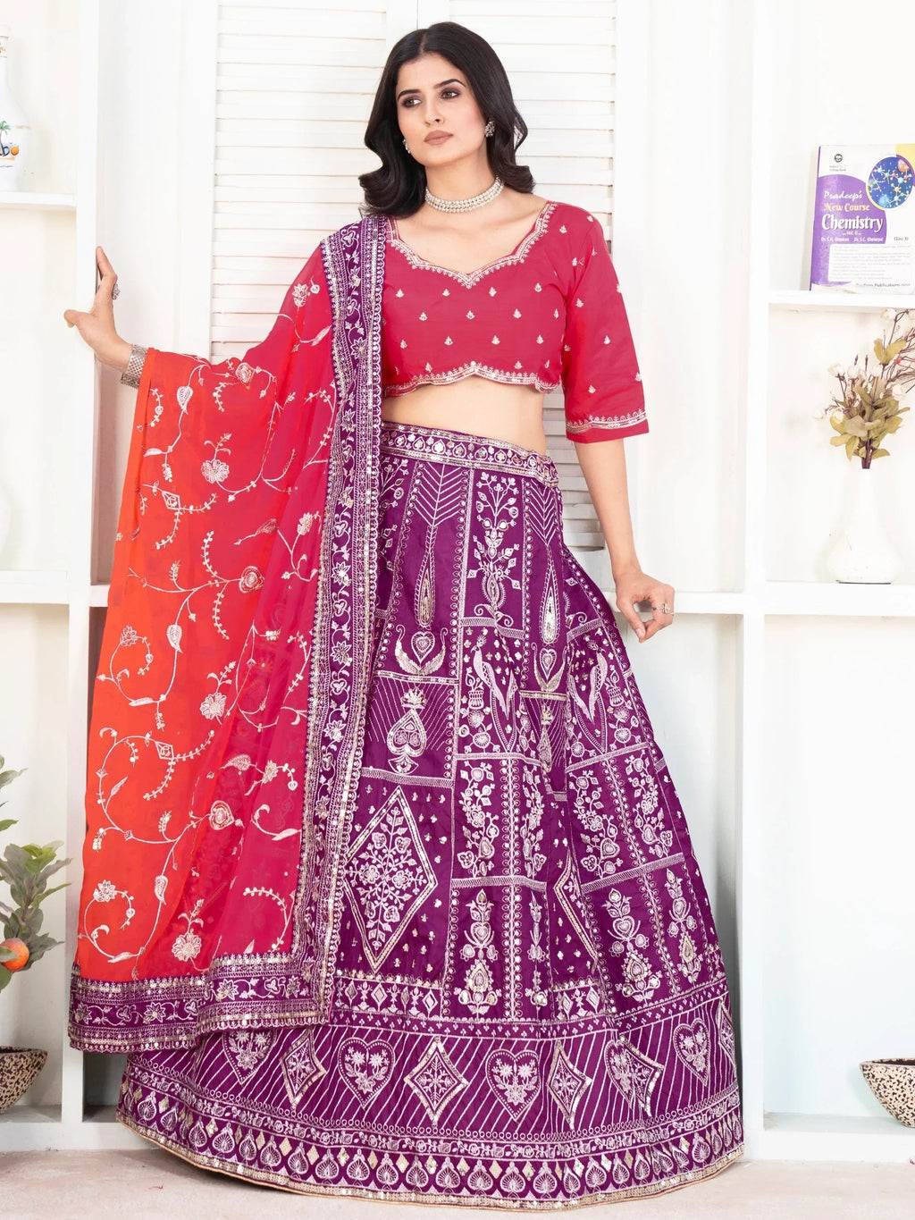 Enchanting Purple Sequins Silk Traditional Lehenga With Red Choli
