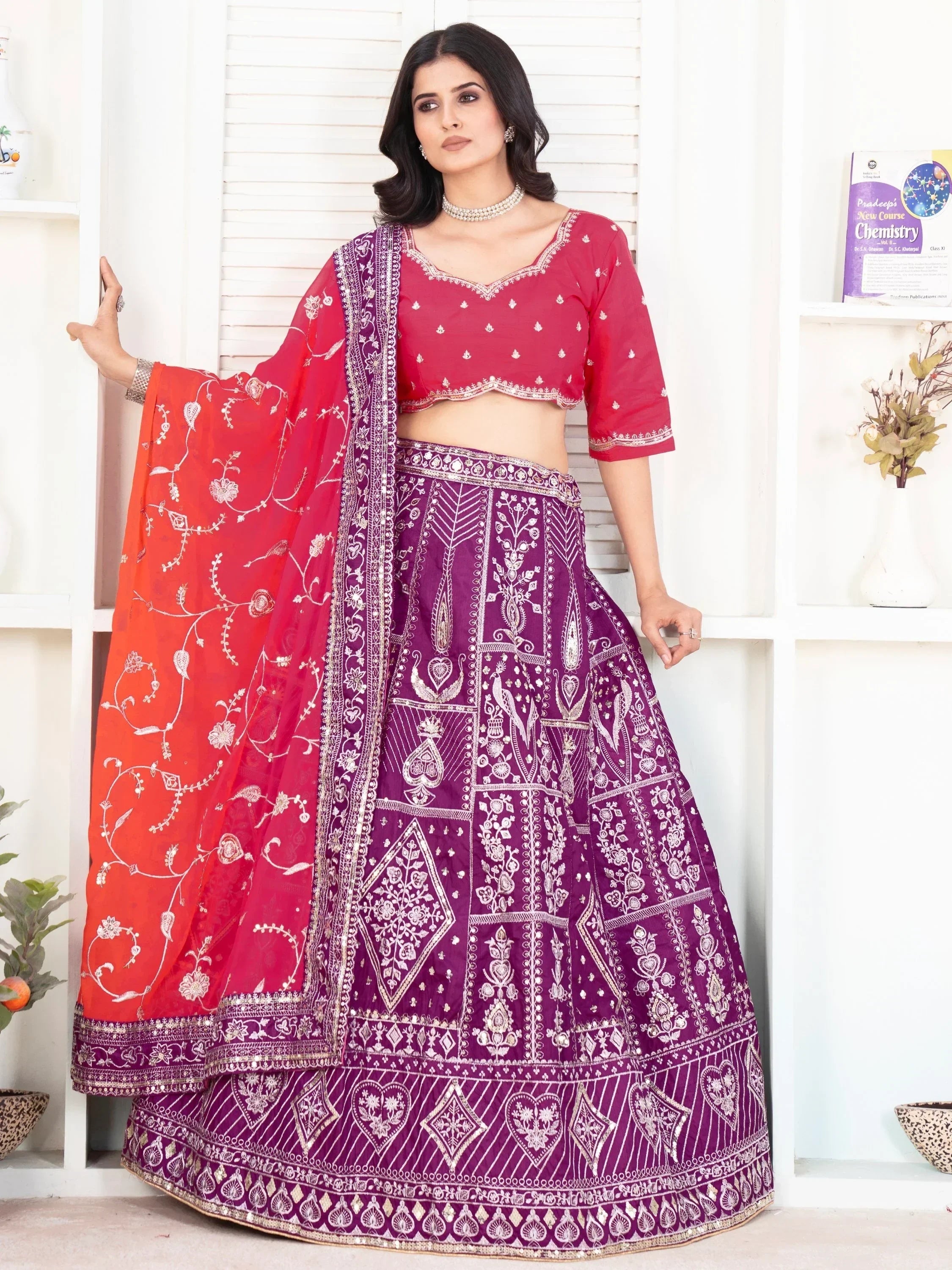 Enchanting Purple Sequins Silk Traditional Lehenga With Red Choli