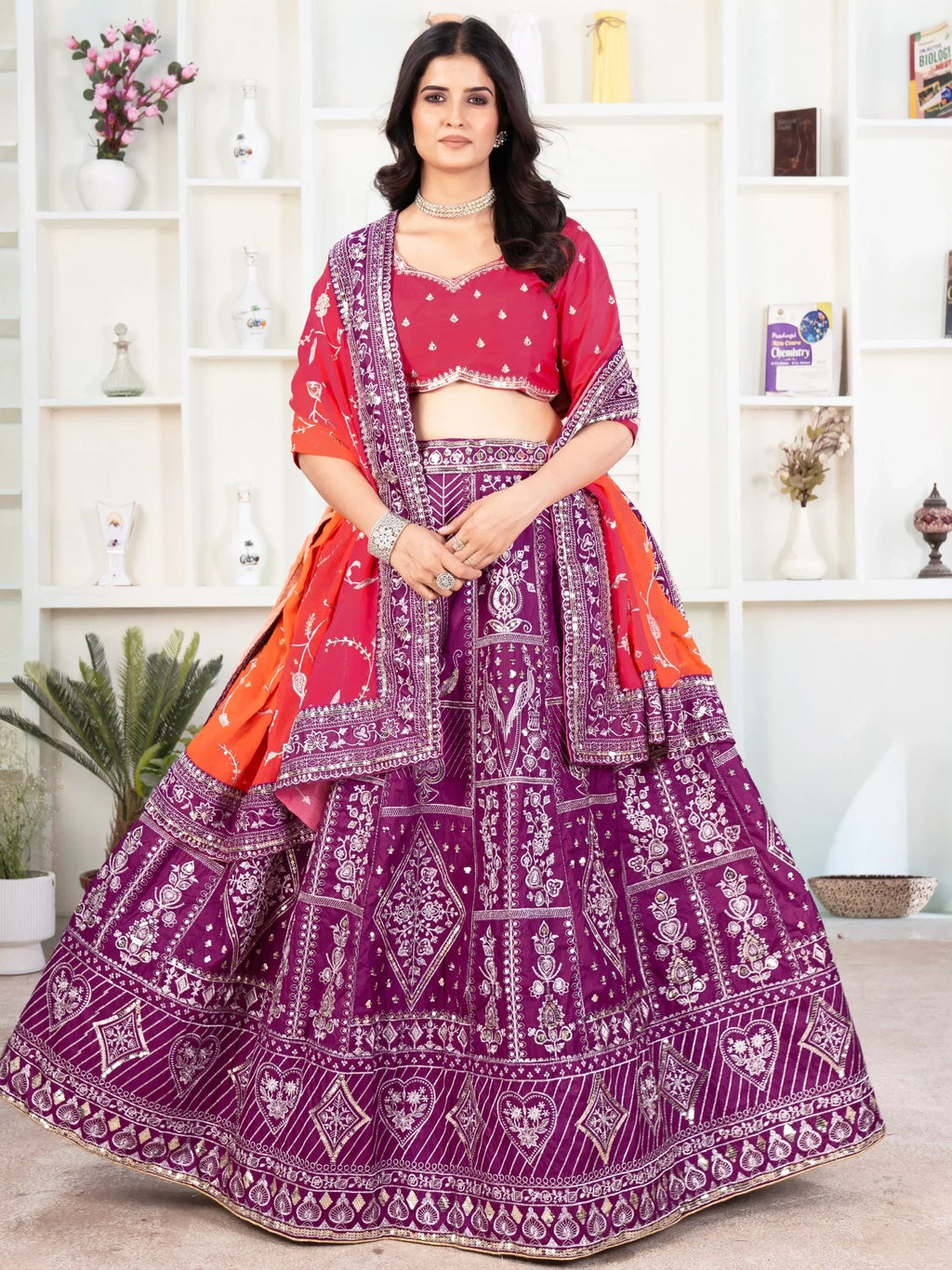 Enchanting Purple Sequins Silk Traditional Lehenga With Red Choli