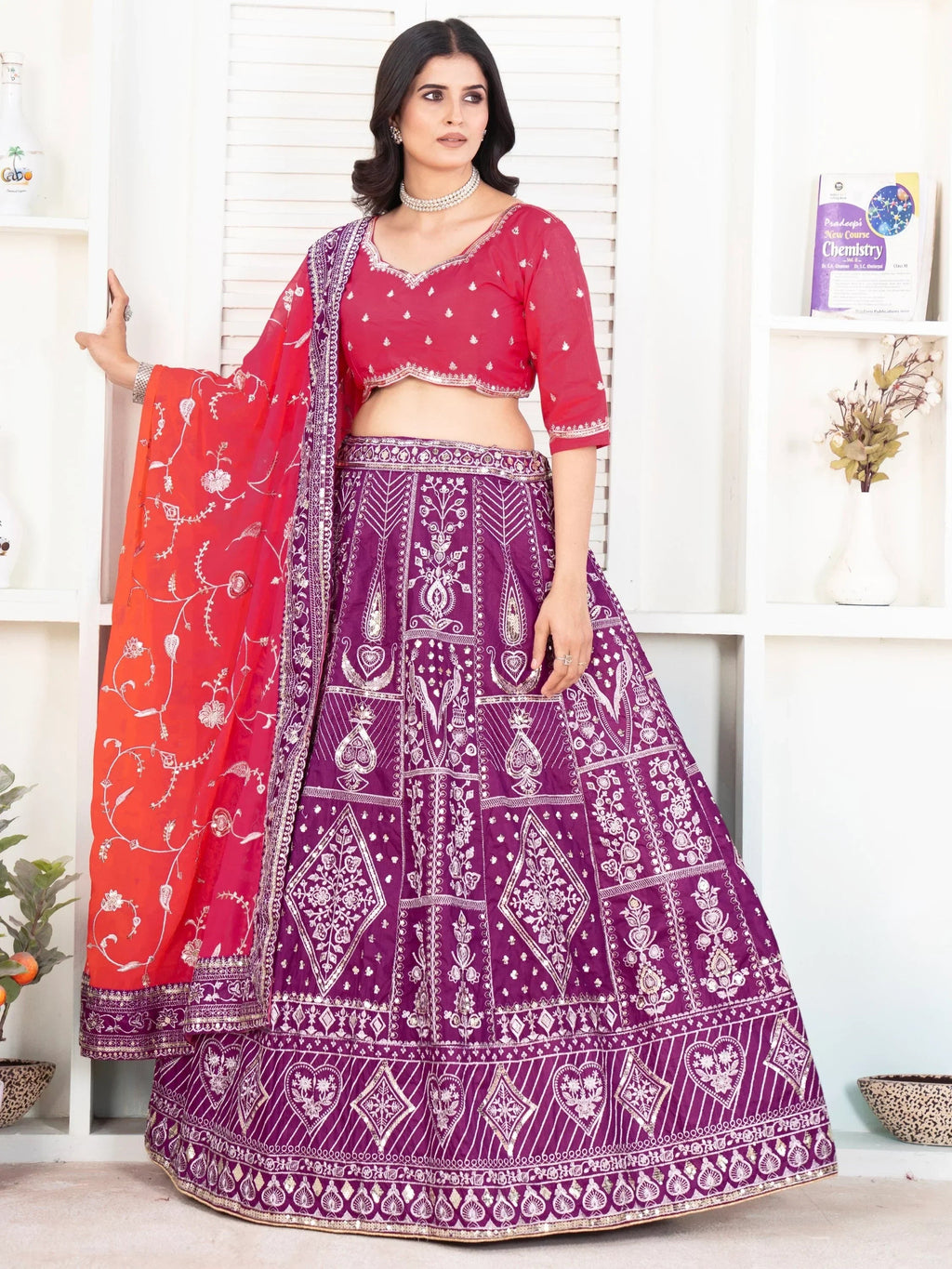 Enchanting Purple Sequins Silk Traditional Lehenga With Red Choli