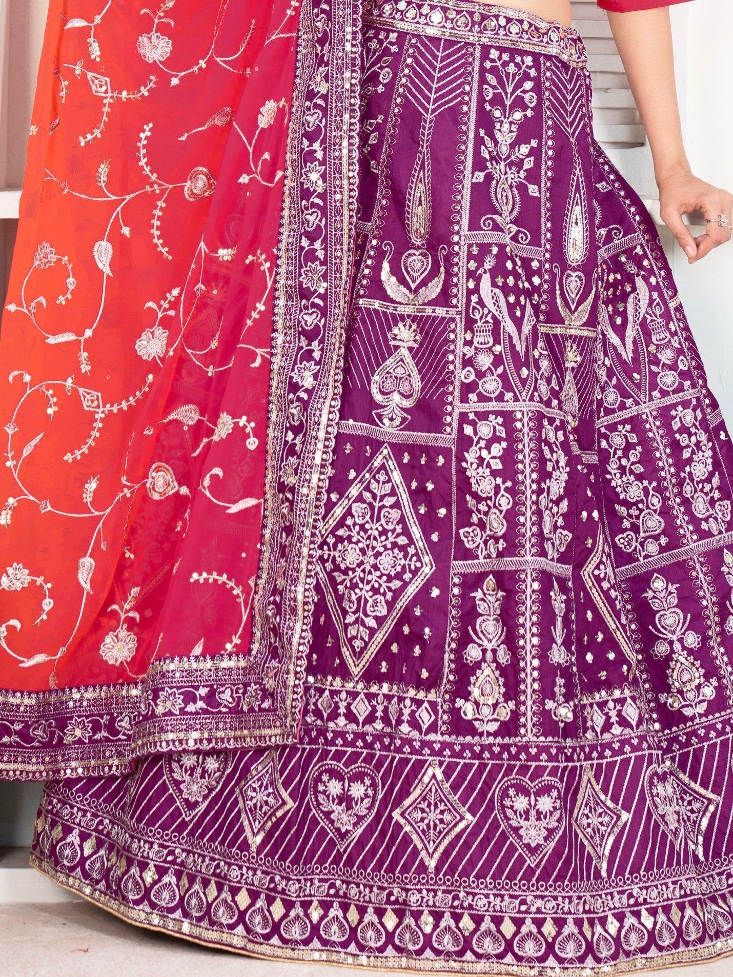 Enchanting Purple Sequins Silk Traditional Lehenga With Red Choli
