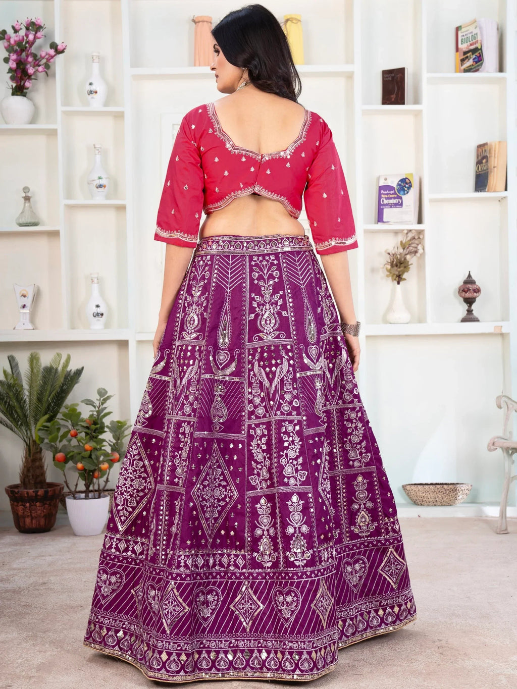Enchanting Purple Sequins Silk Traditional Lehenga With Red Choli