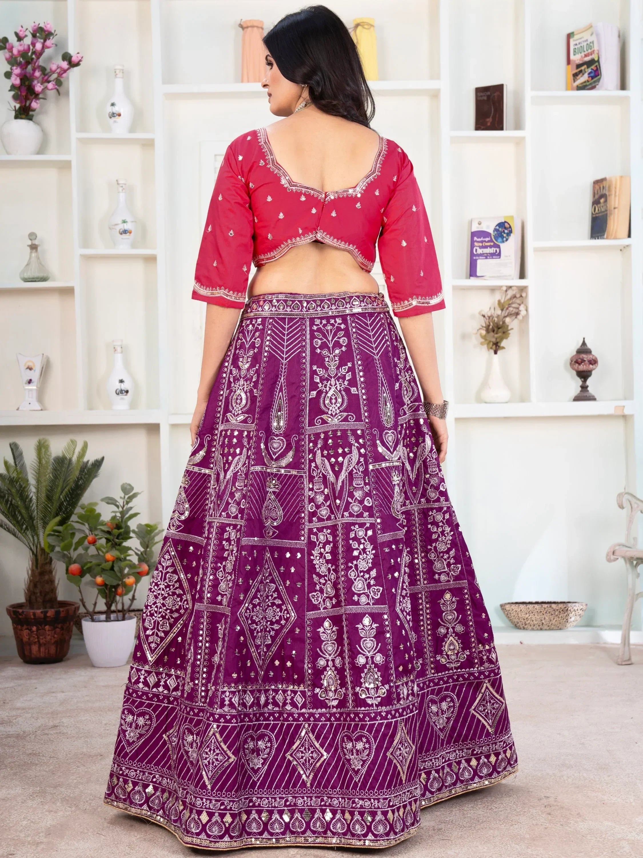 Enchanting Purple Sequins Silk Traditional Lehenga With Red Choli