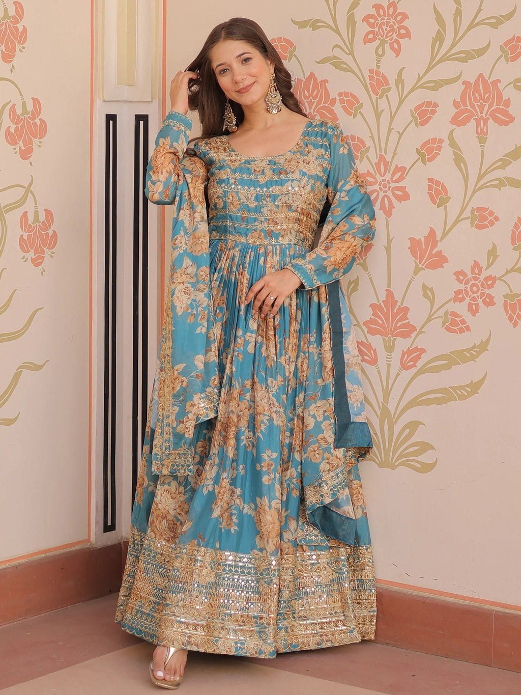 Sky Blue Lovely Silk Floral Printed Anarkali Gown With Dupatta