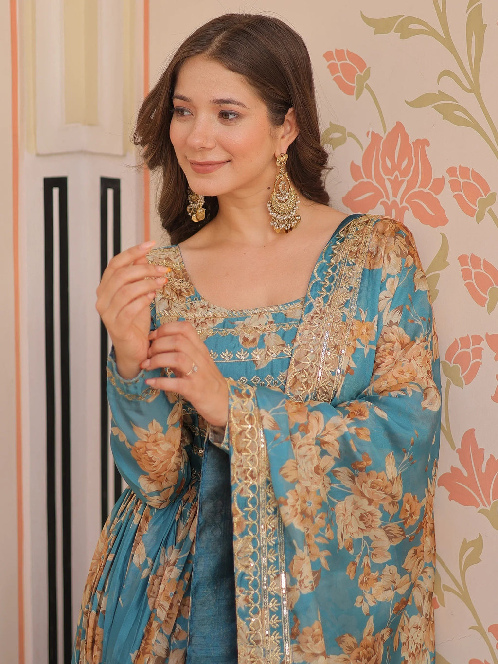 Sky Blue Lovely Silk Floral Printed Anarkali Gown With Dupatta