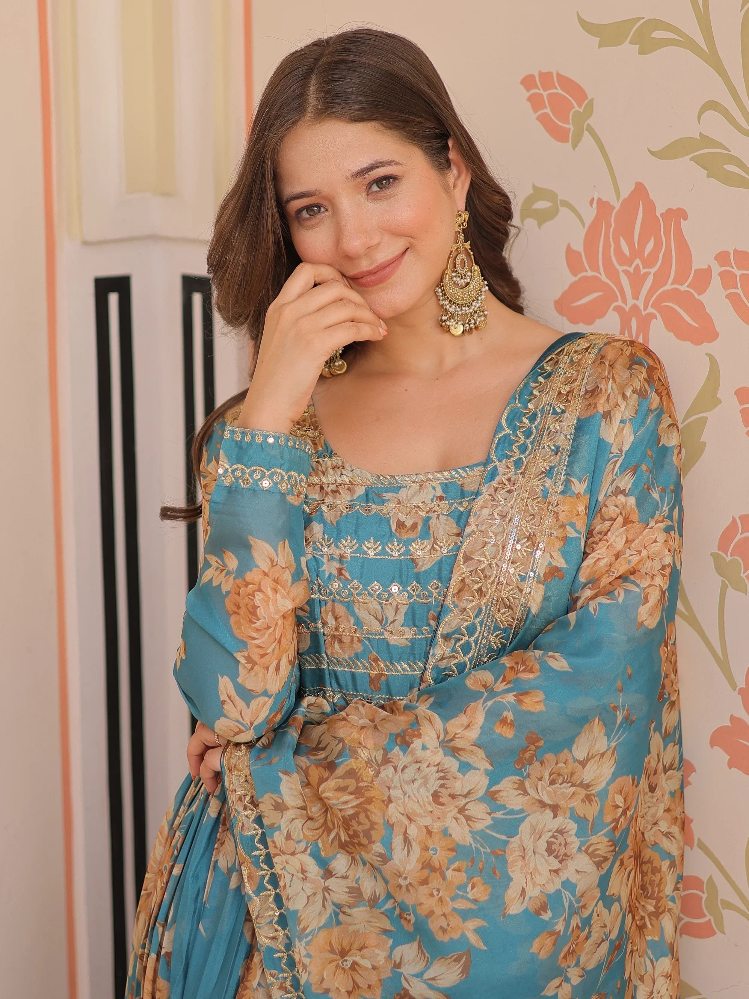 Sky Blue Lovely Silk Floral Printed Anarkali Gown With Dupatta