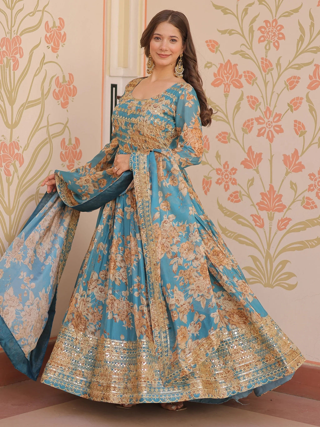 Sky Blue Lovely Silk Floral Printed Anarkali Gown With Dupatta