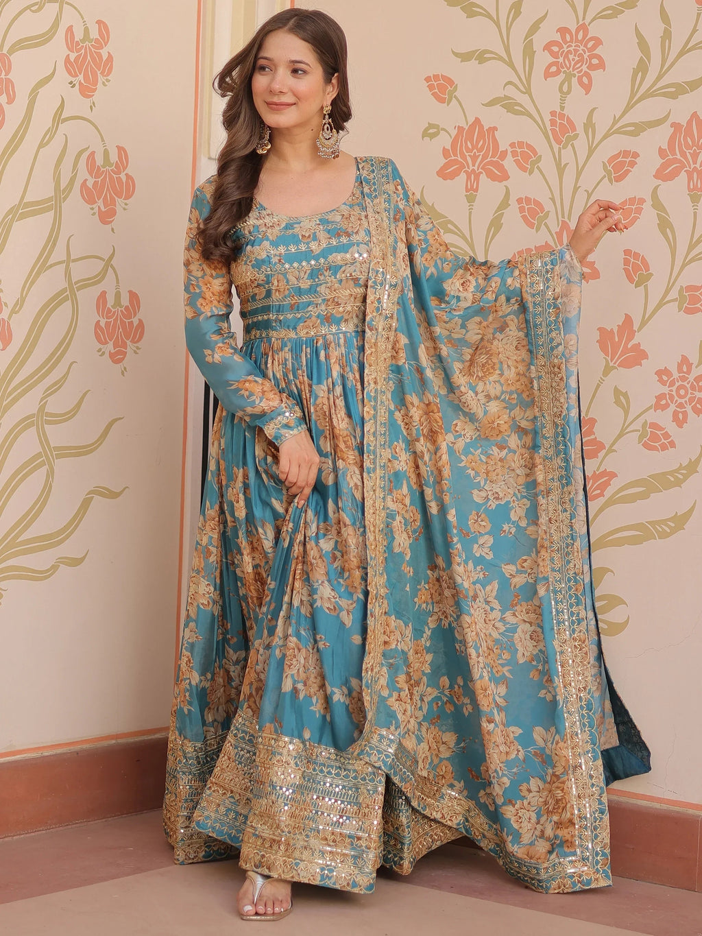 Sky Blue Lovely Silk Floral Printed Anarkali Gown With Dupatta