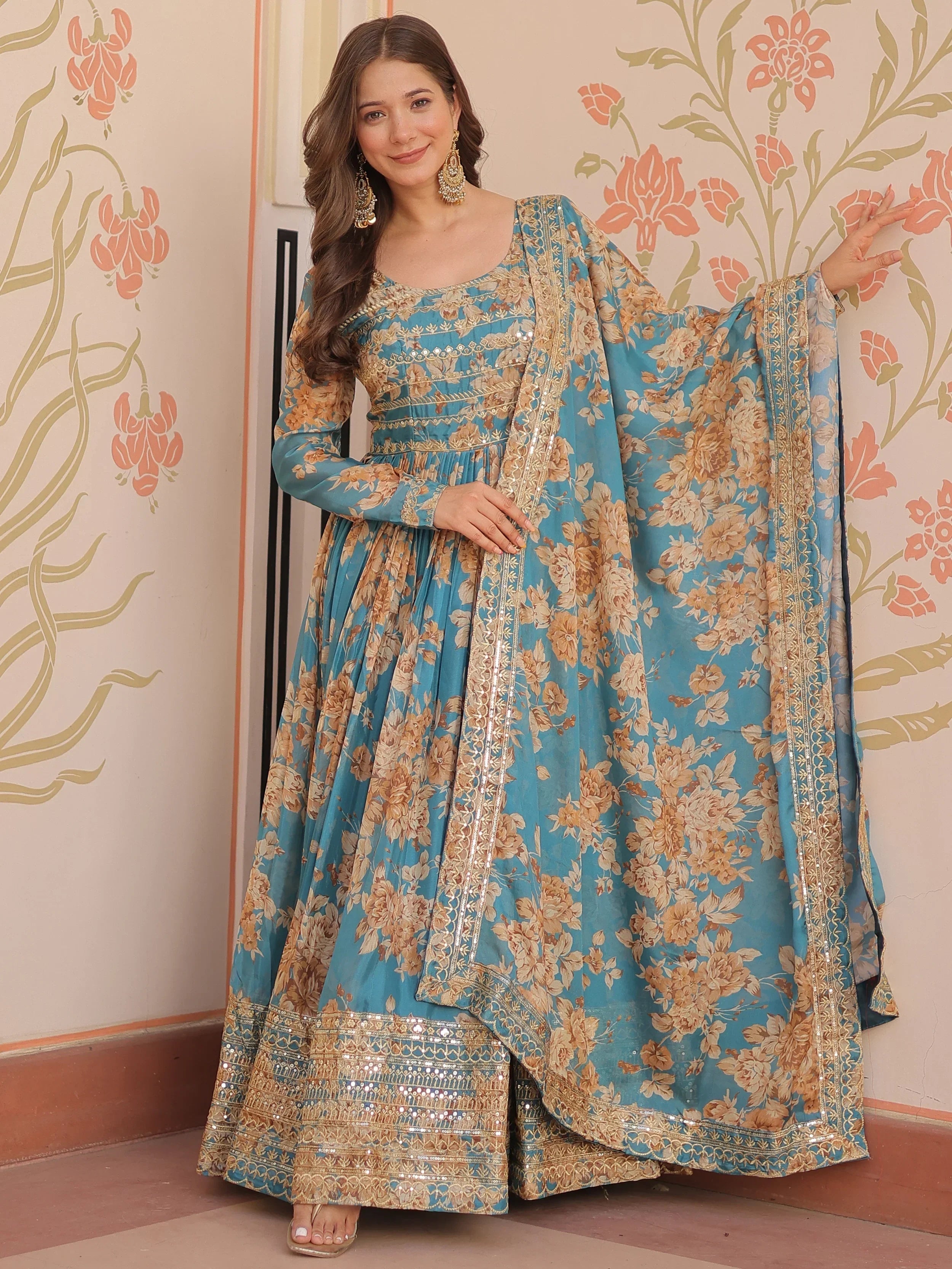 Sky Blue Lovely Silk Floral Printed Anarkali Gown With Dupatta