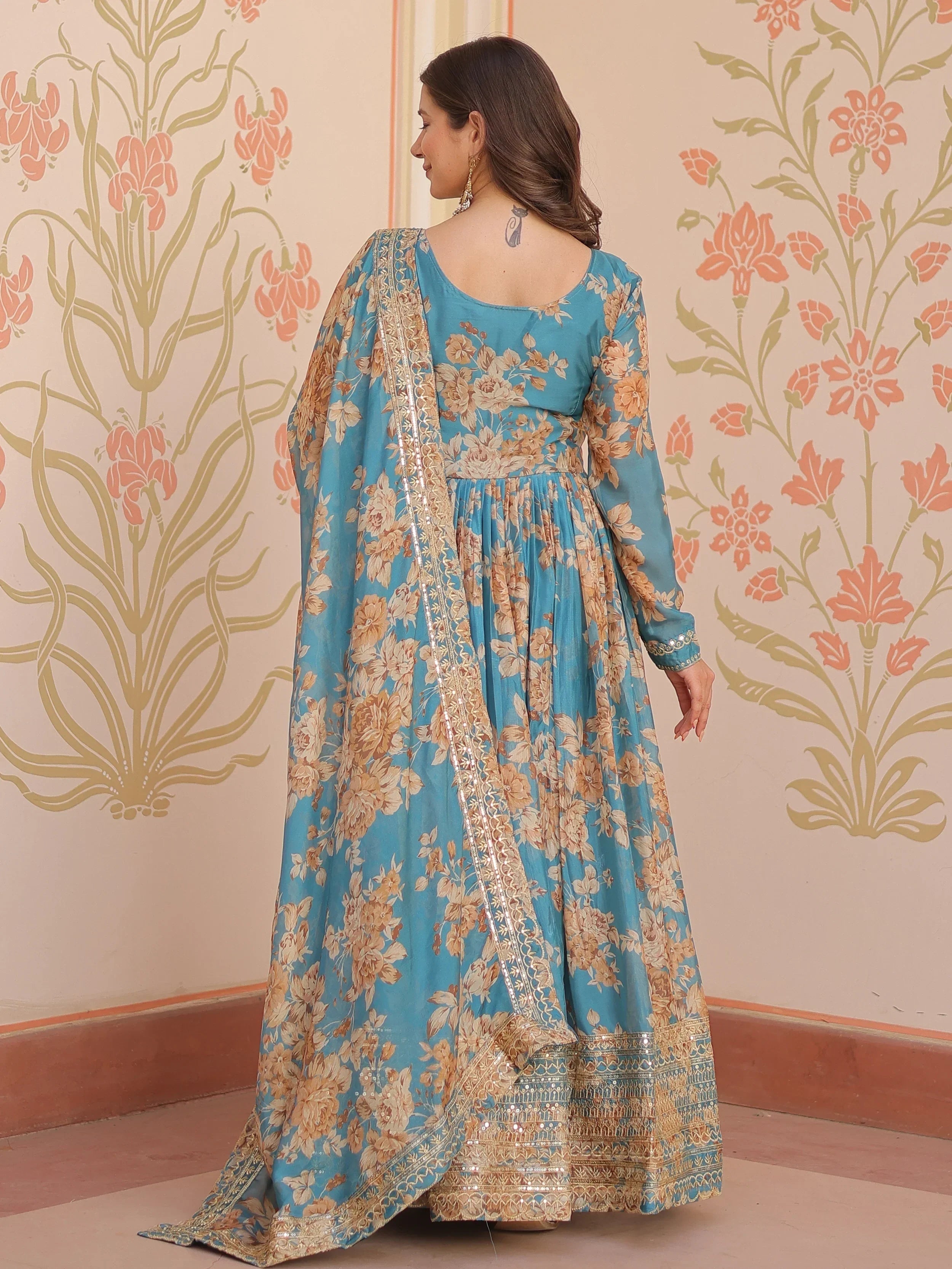 Sky Blue Lovely Silk Floral Printed Anarkali Gown With Dupatta