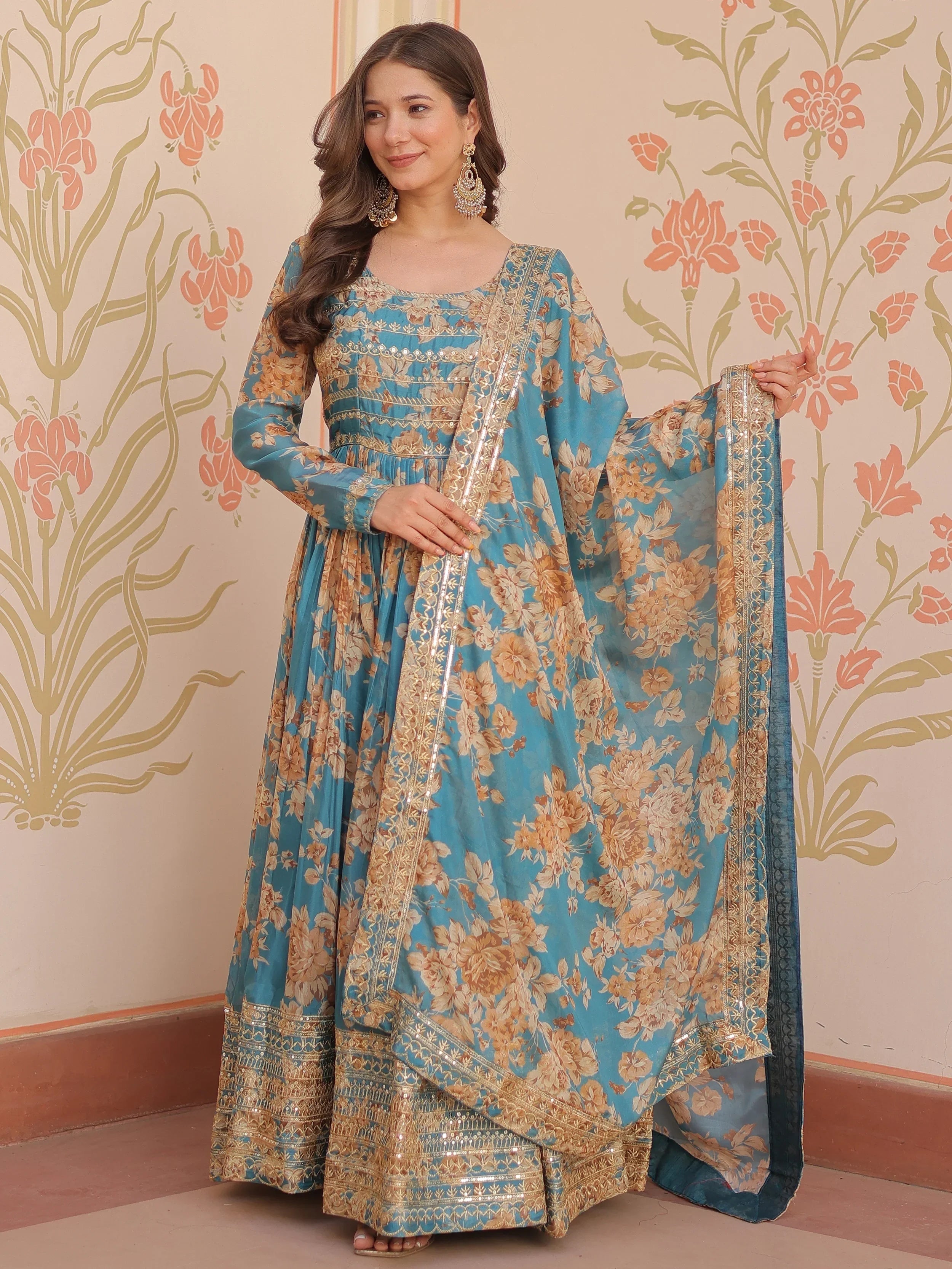 Sky Blue Lovely Silk Floral Printed Anarkali Gown With Dupatta