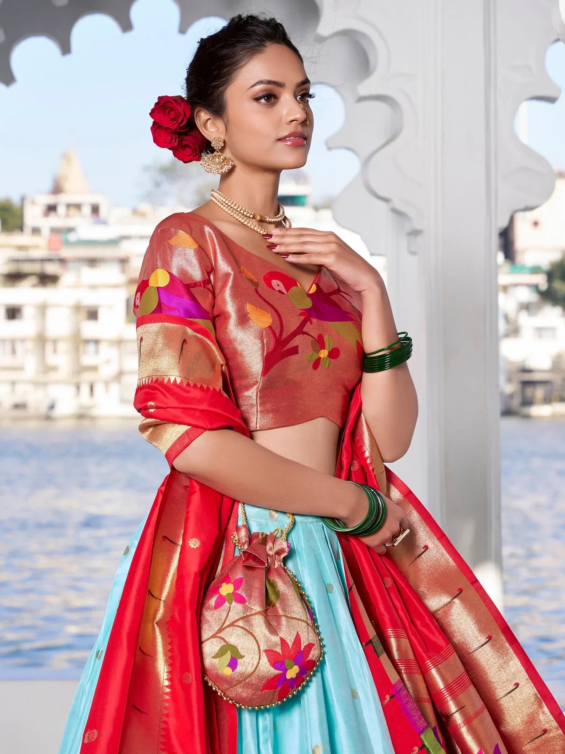 Sky Blue Gorgeous Zari Weaving Silk Paithani Lehenga Choli With Dupatta