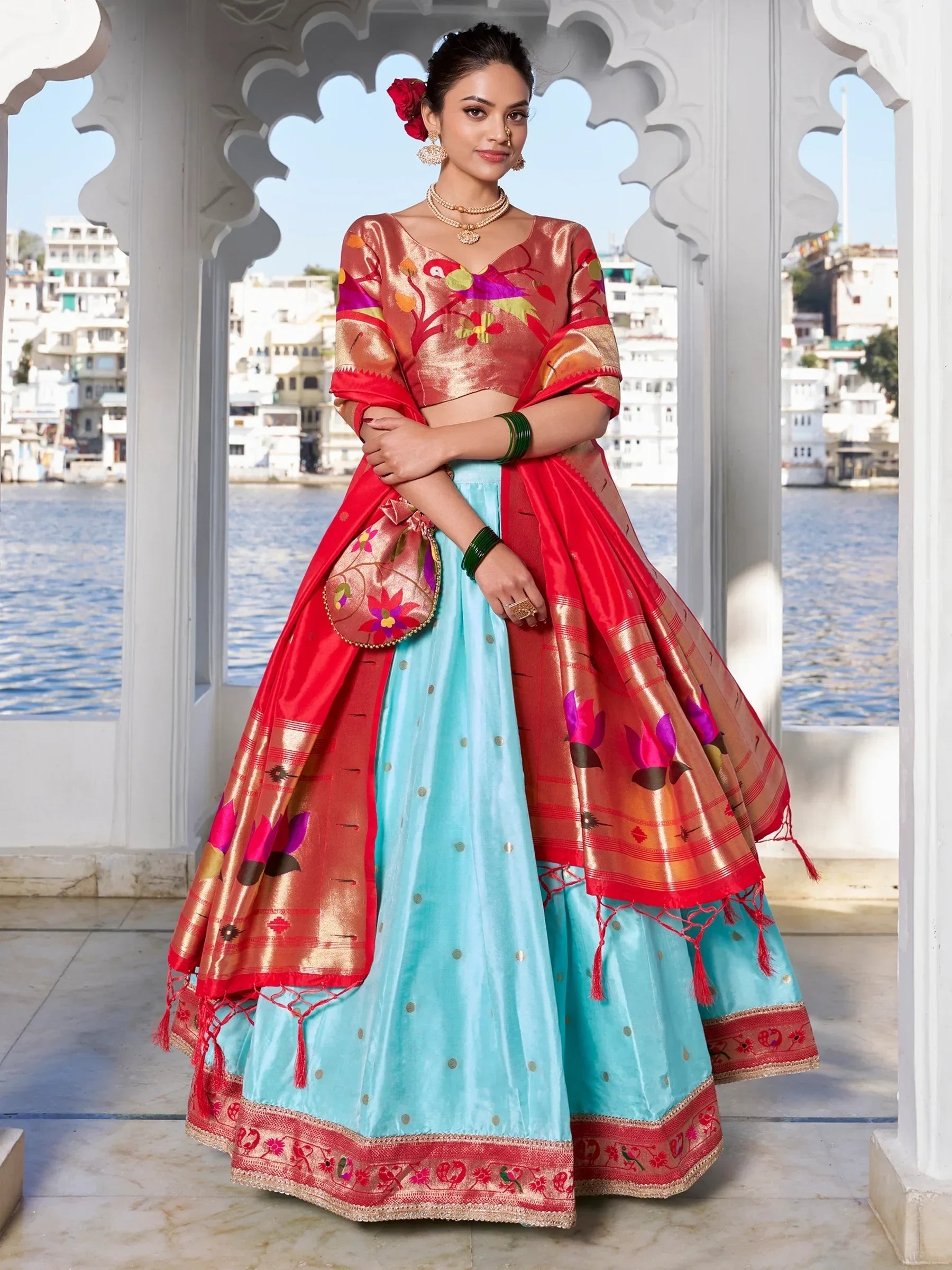 Sky Blue Gorgeous Zari Weaving Silk Paithani Lehenga Choli With Dupatta
