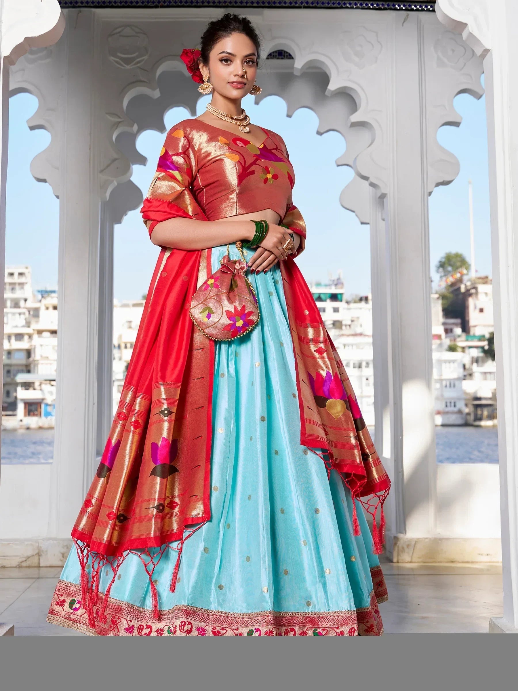 Sky Blue Gorgeous Zari Weaving Silk Paithani Lehenga Choli With Dupatta