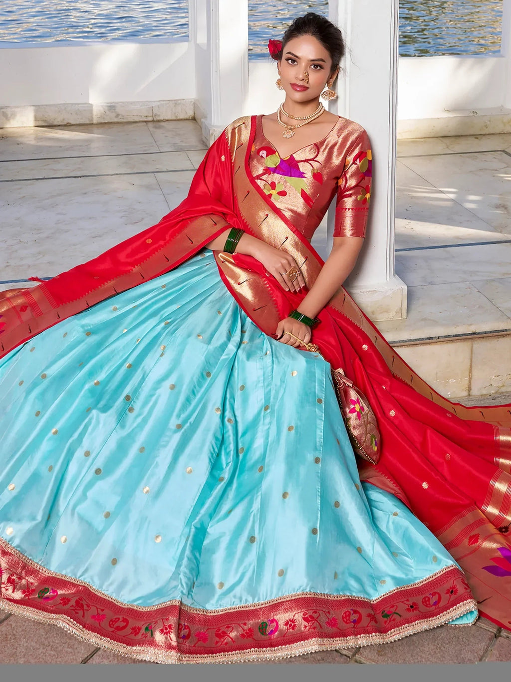 Sky Blue Gorgeous Zari Weaving Silk Paithani Lehenga Choli With Dupatta